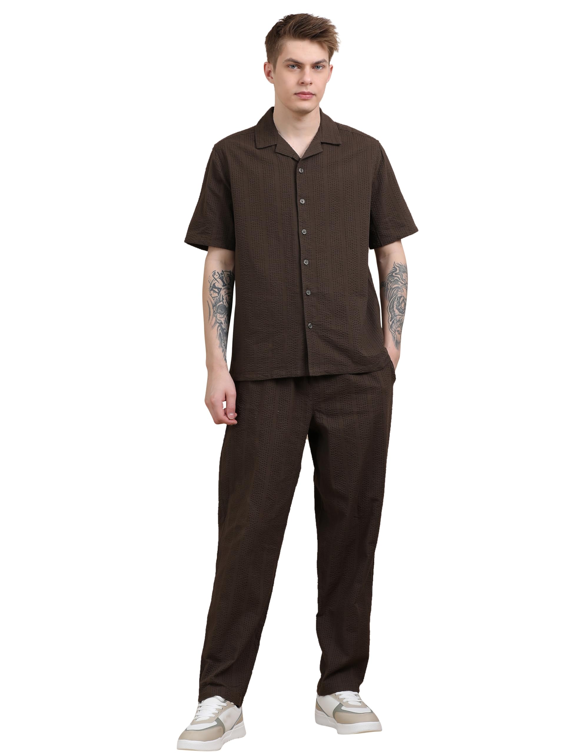 stitchx Men's Textured Seersucker Resort Cotton Shirt & Trouser Co-Ord Set S-2XL-picture-56