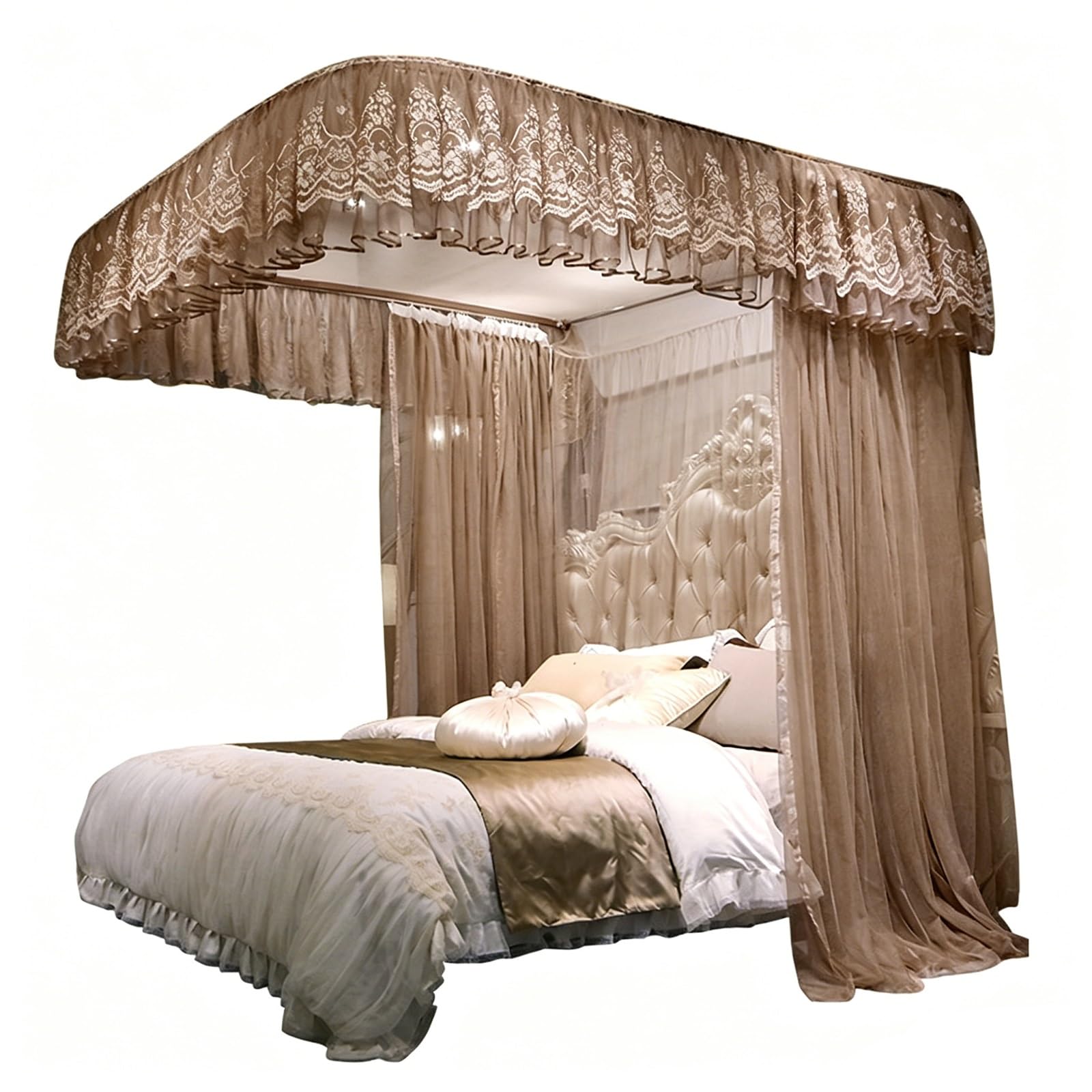 SARKEY U-Shaped Rail Bed Canopy Curtain,Three-Opening,Embroidery Lace Sheer Mesh(A,180x200x210cm(71"x79"x83"))