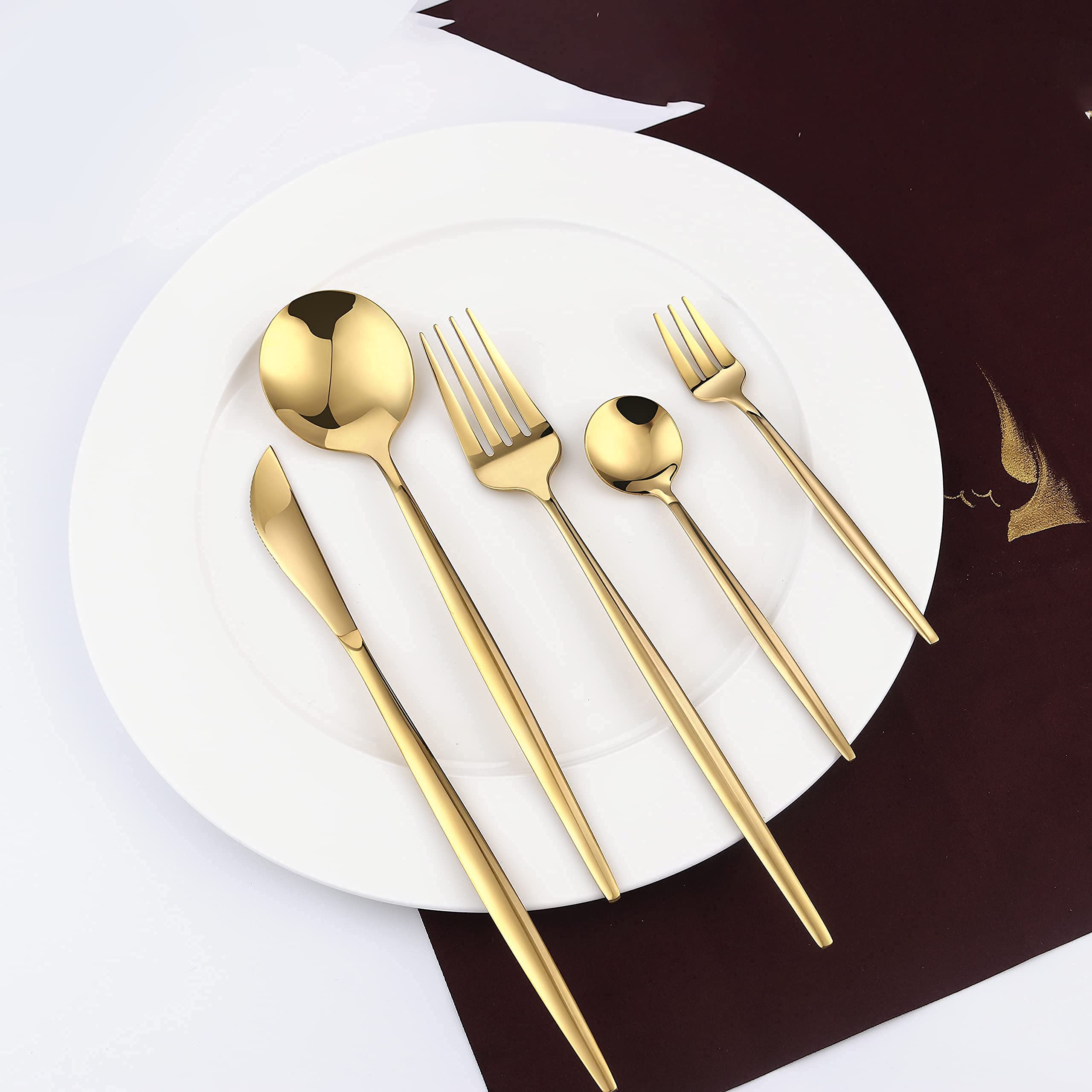 Venuy Juego de 30 cubiertos con cuchillos de carne, cucharas y tenedores, para 6, cubiertos cubiertos y utensilios básicos de vajilla, acabado espejo, apto para lavavajillas