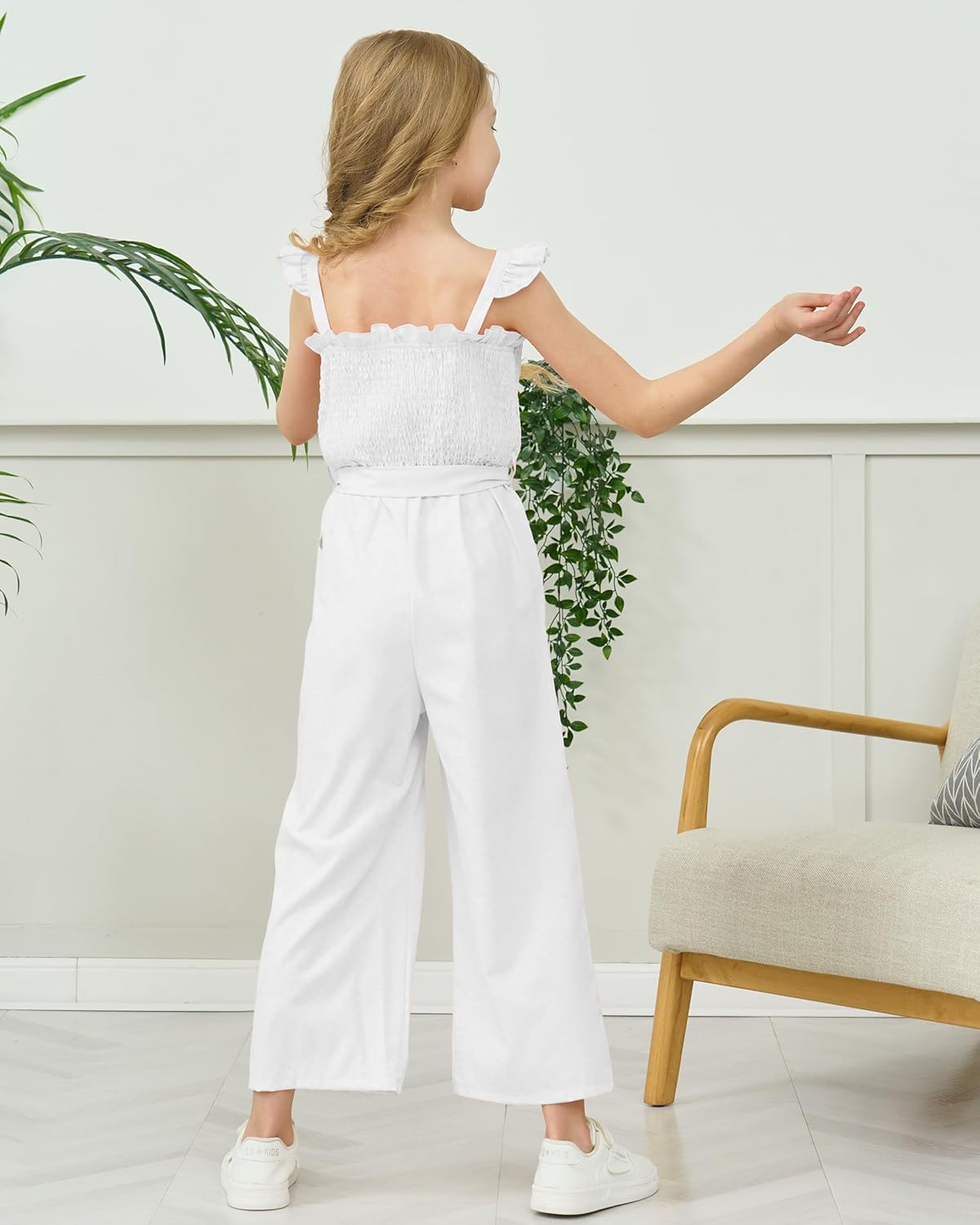 SODLON Girls Jumpsuit Kids Clothes Fashion Ruffle Sleeveless Wide Leg Belted Romper Smocked Summer Outfits with Pockets