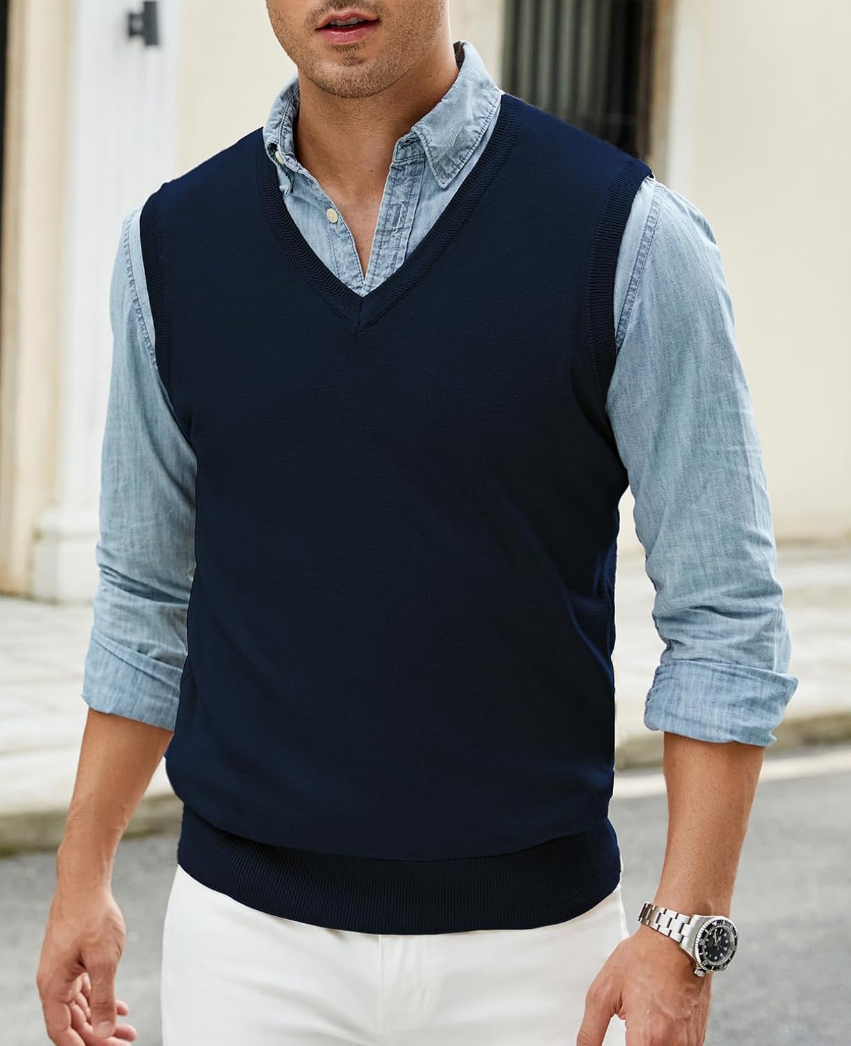 Mens V Neck Sweater Vest, Fall Pullover Sweater Vests, Lightweight Sleeveless Knit Vest - Image 2