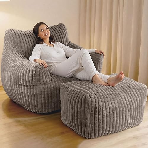 Vista 13 de Puf gigante, sofá acogedor de felpa de gran tamaño para adultos y niños con reposabrazos, cómodo mini sofá individual para sala de estar, dormitorio