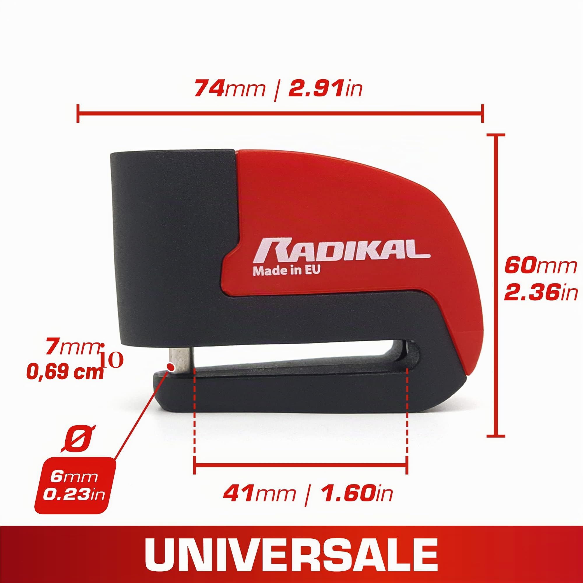 RADIKAL RK6 Bloccadisco Moto Allarme Hi-Tech 120db ON/OFF, Led Warning, Sensibilità A+, Sostituibile, Impermeabile, Batteria CR2 lunga durata, Lucchetto Moto Antifurto Sonoro Universale bici elettrica