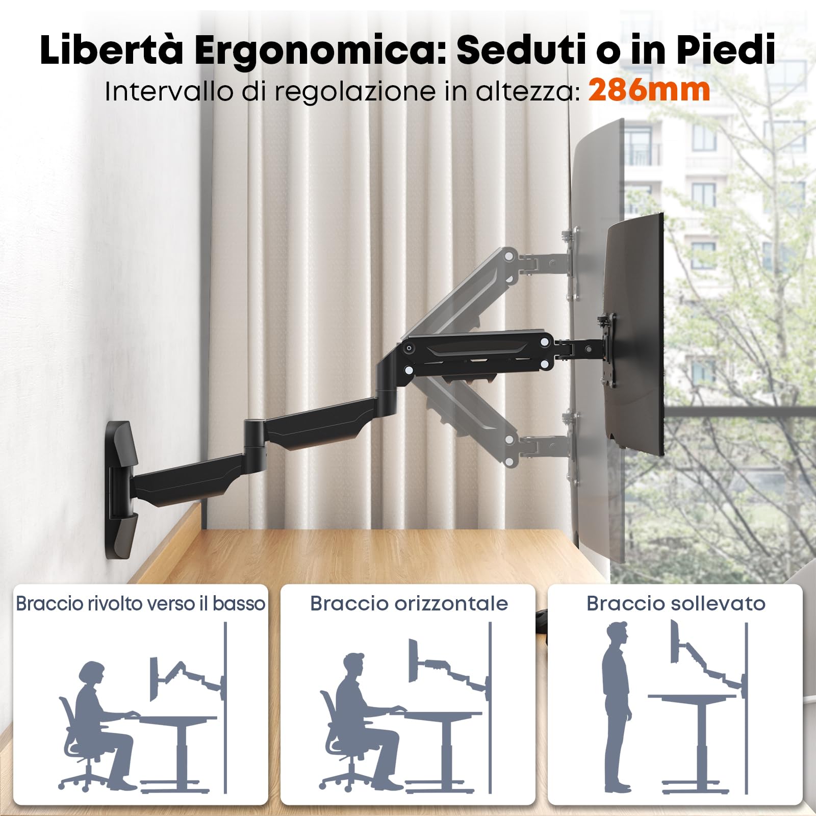 Braccio da Parete per Monitor 17-32 Pollici - Supporto Extra Lungo con Ammortizzatore a Gas Regolabile, per Schermi LED/LCD/TV fino a 9 kg, VESA 75/100, Nero