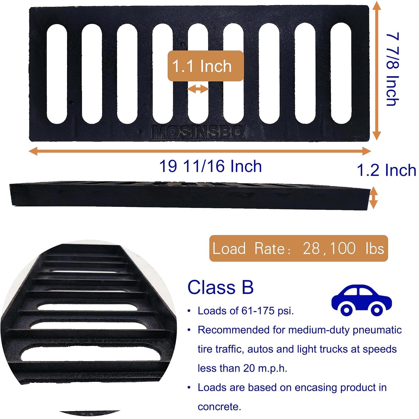 Rejilla Hierro Fundido para Entrada 500 x 200 mm | Drenaje exterior B125, cubierta metálica negra para garaje, patio y control de aguas superficiales, cuadrada, rectangular