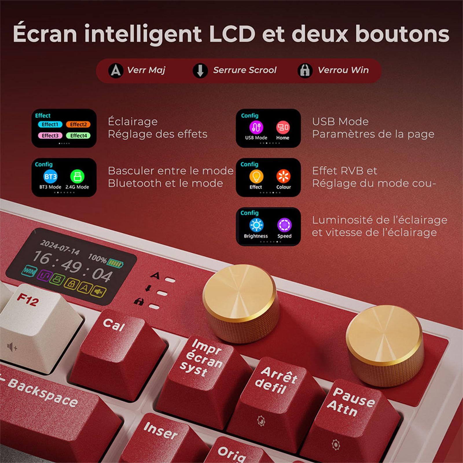 RK ROYAL KLUDGE M87 Clavier Mécanique AZERTY, 75% Gasket Clavier Sans Fil Gamer Tir-Mode, avec intelligen écran and Deux boutons, RVB Backlit, Clavier TKL Hot-swap, batterie 7500mAh, Cream Switch