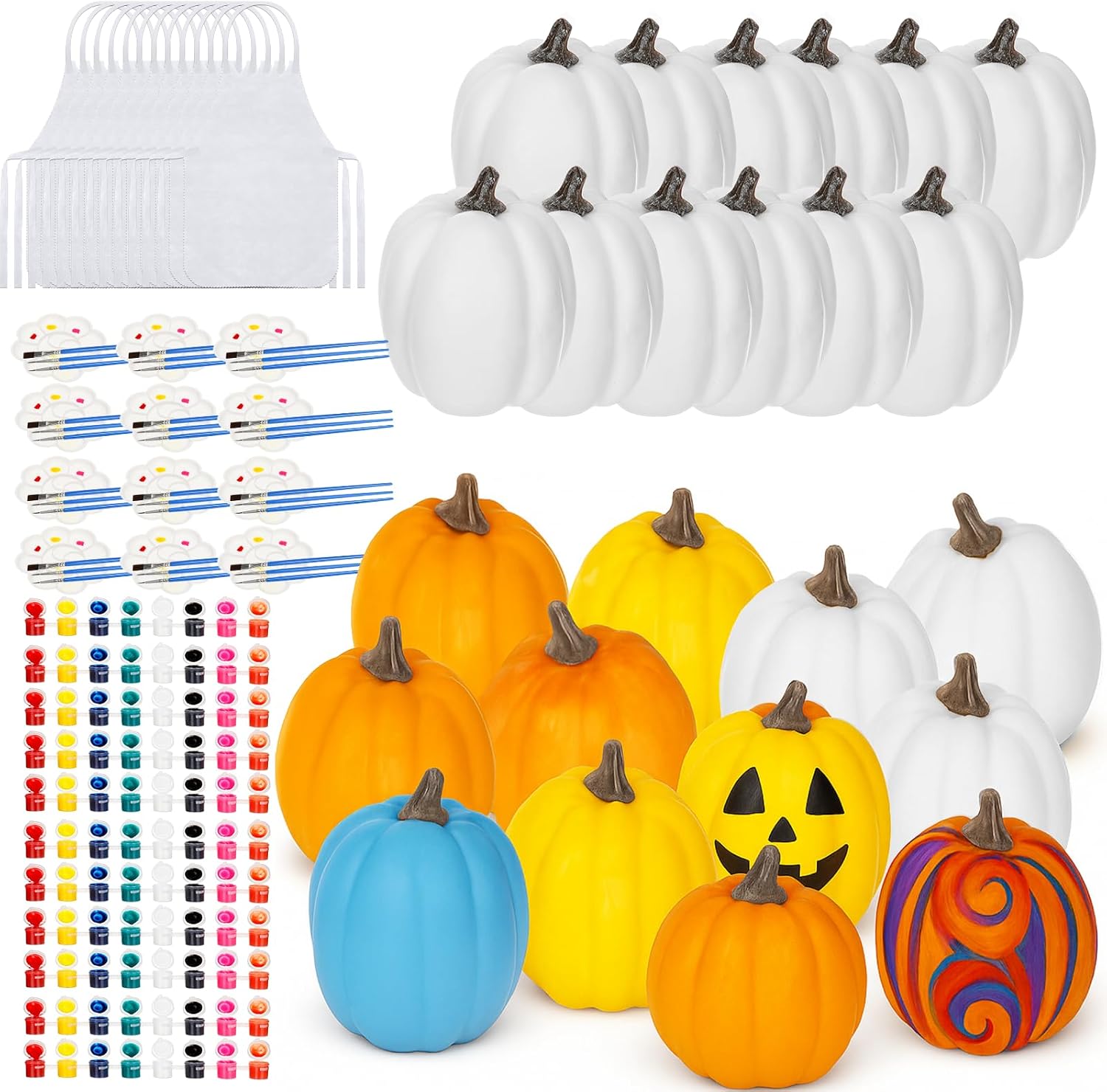 Foilswirl 84 Pcs Fall Halloween Pumpkin Painting Kits Include 4 Inch 12 Large White Foam Pumpkins Craft Pumpkins to Paint 12 Apron 12 Palette 12 Paint Strips 36 Paintbrush for DIY Thanksgiving Decor