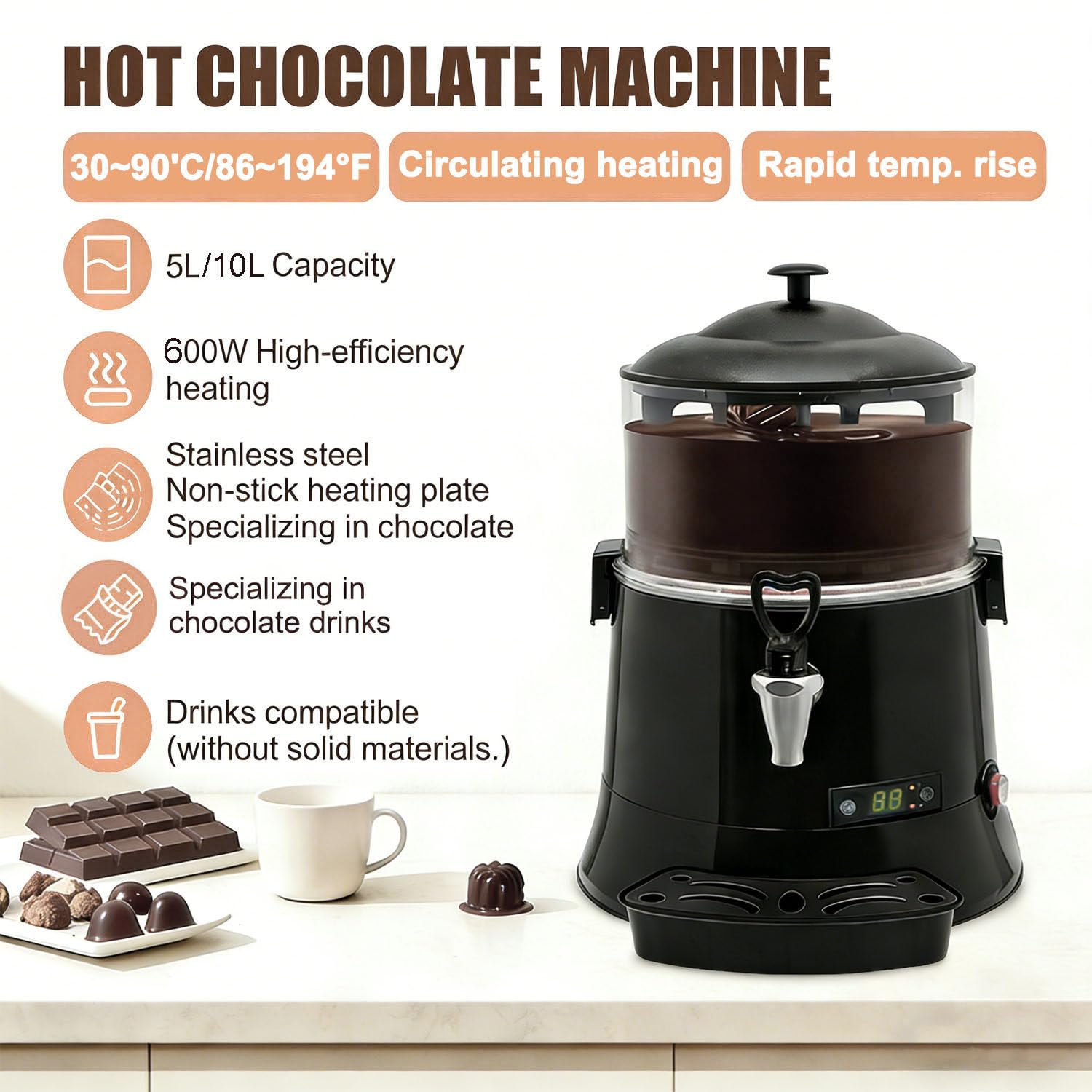 Macchina per Cioccolata Calda Commerciale da 600 W, Dispenser di Bevande Calde di Grande capacità con Controllo Intelligente della Temperatura da 86 A 194 °F, Macchina per BEV,Size_Name 5l