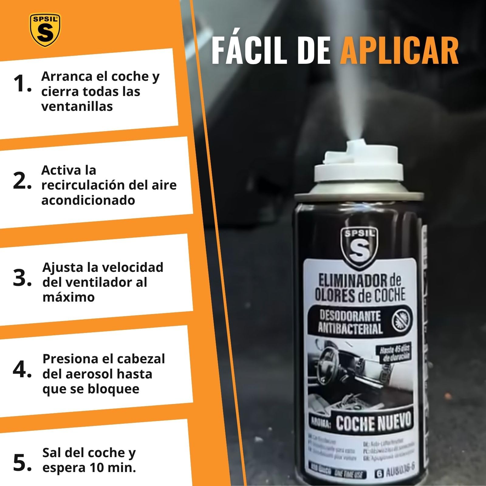 SPSIL Spray Eliminador de Olores Aroma Coche Nuevo 150 ml - Fórmula Antibacteriana - Duración de 45 Días - Duración de 45 Días