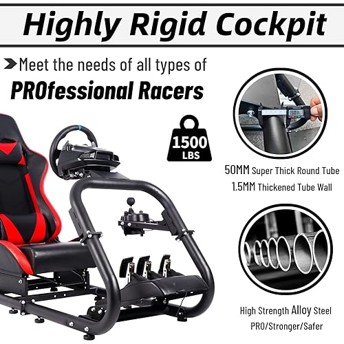 Miniatura 3 de Minneer Soporte de rueda de carreras con simulador de asiento rojo real marco de dirección para juegos compatible con ruedas y pedales T500 T30