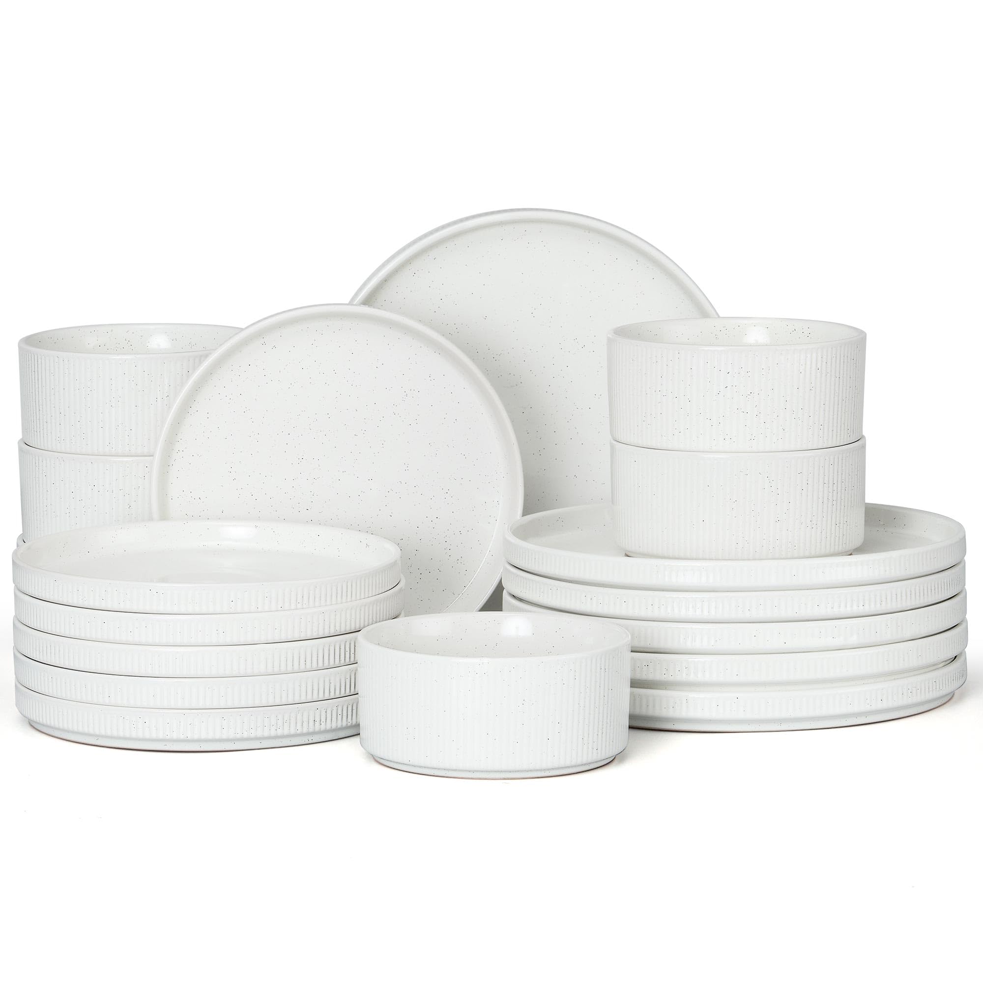 e-far stoneware dinnerware sets, 18-pieces modern plates and bowls sets, kitchen dinning porcelain dishes set for 6, chip & scratch resistant, dishwasher & microwave safe, speckled white