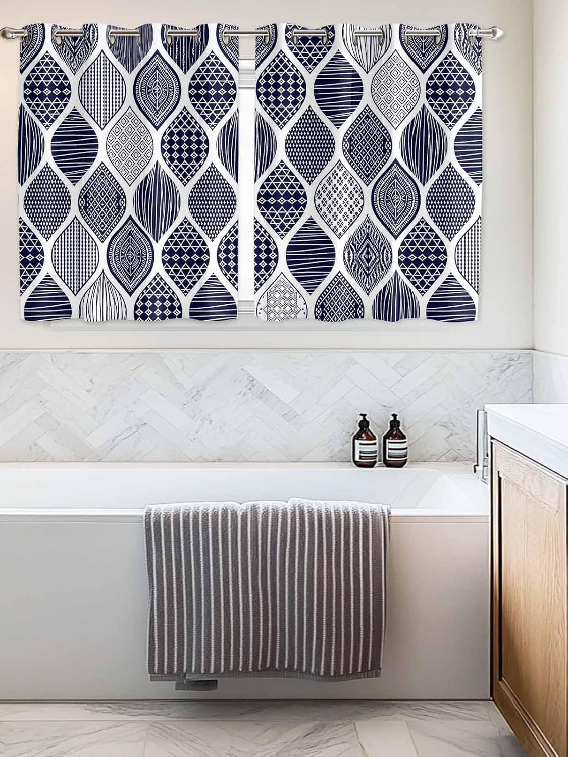 Grommet Top Window Curtains, Geometric Blue Texture Durable Light Blocking Windows Drapes for Kitchen/Bedroom/Living Room, Window Treatments Curtain Set of 2 Panels 52x54 in