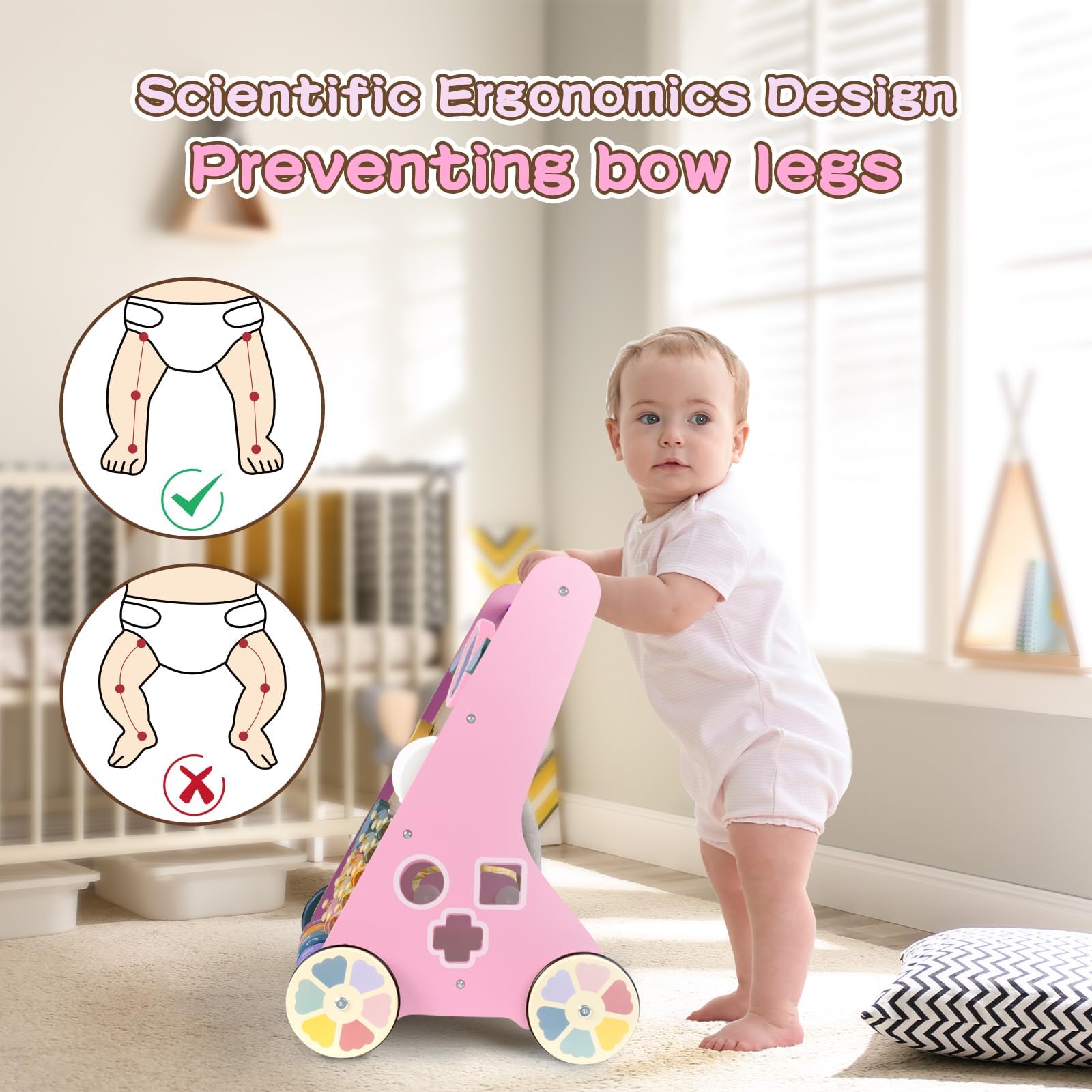 LOL-FUN Lauflernwagen Holz mit Spiel, Lauflernhilfe für Baby ab 1 Jahr Rosa | Lauflernhilfe mit Motorikspiel, Multi Aktivitäten Spielzeug für 1 Jahr Jungen Mädchen