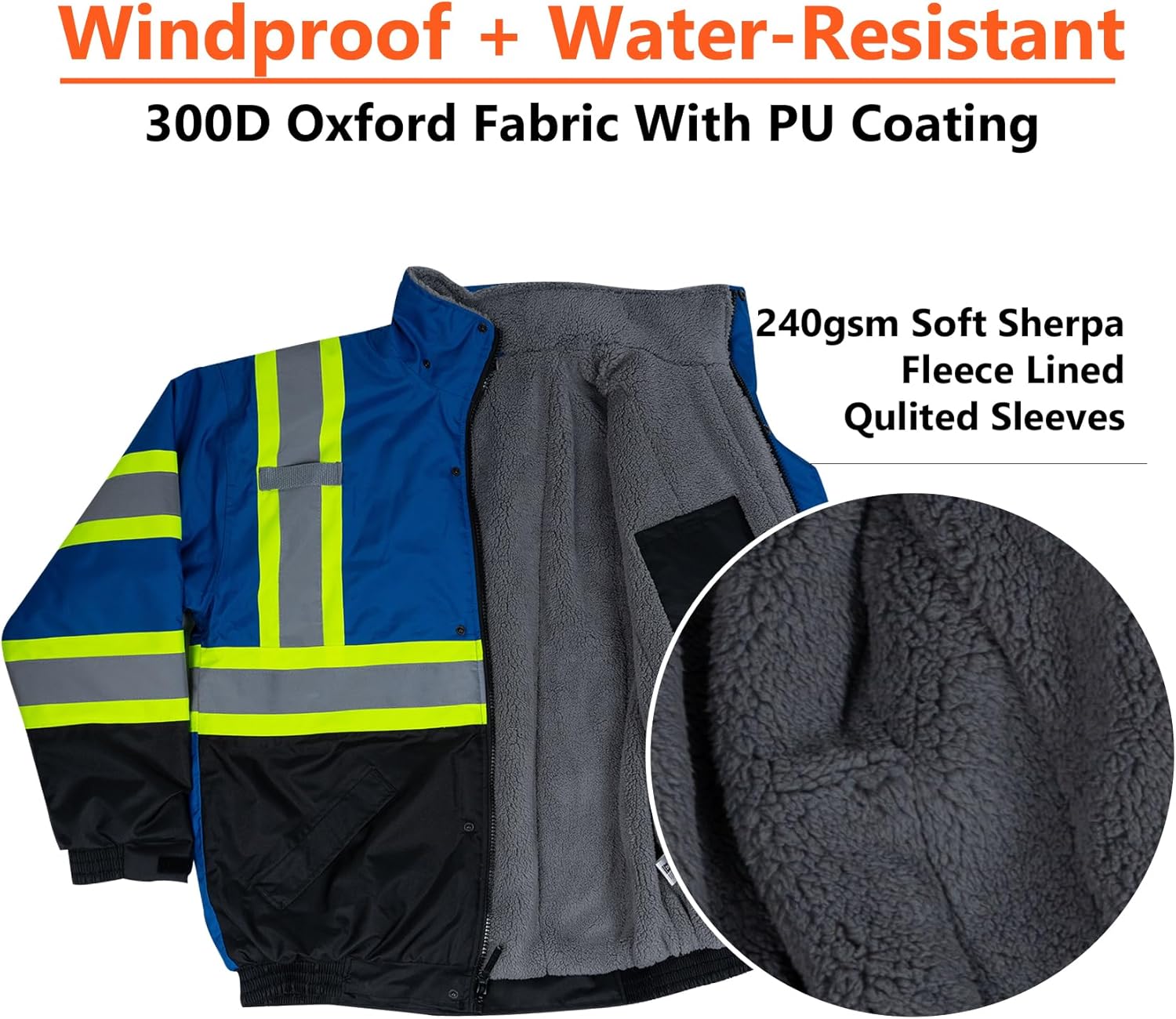 VENDACE High Visibility Reflective Safety Jackets for Men Sherpa Fleece Lined ANSI Class 3 Hi Vis Construction Work Jacket - Image 4