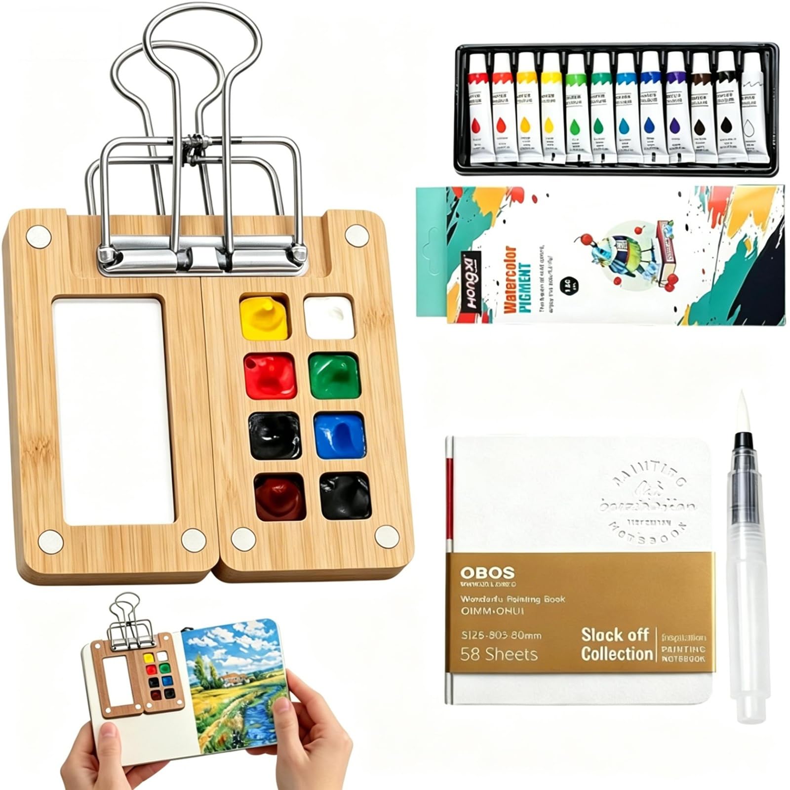 5 Mini Aquarell Travel Set, 8-Fächer Pocket Aquarell Set aus Bambus, Tobios faltbares Aquarellset, für Maler, Künstler und Studenten (inkl. Skizzenbuch, Palette, Metallklammer, Pinsel, Farben)