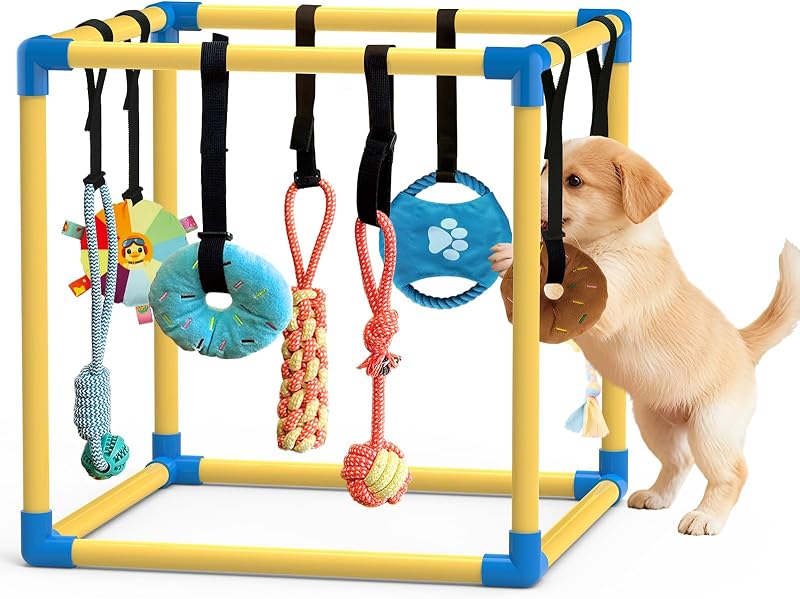 Puppy Play Gym & 8 Toys (Yellow,19.6″ x 19.6″ x 19.6″‌) | Indoor Play Gym Interactive Dog Toys for Enrichment Activity for Small Dog Teething PVC Frame Stretchy Rope with Velcro