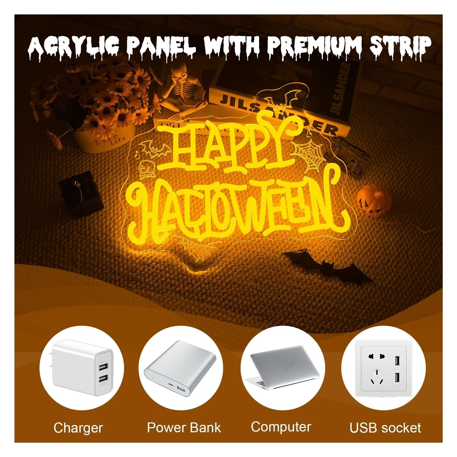Hängende Kunst-Leuchtreklamen Happy Halloween Leuchtreklame Fledermäuse Spinnennetze Totenkopf Dimmbare LED-Licht-Wanddekoration für Halloween-Party 15.35×12.4in
