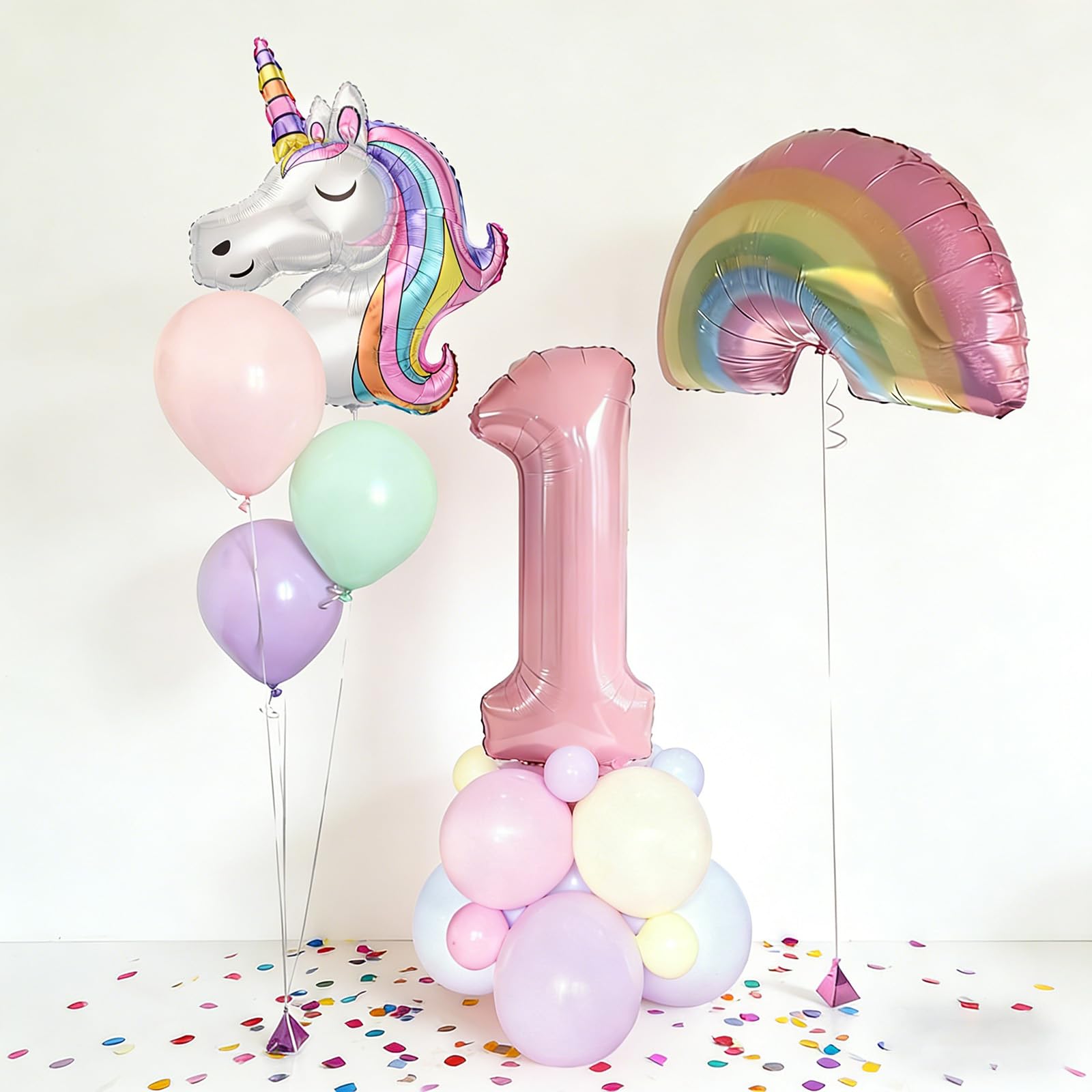 Xenray 1st Birthday Balloons, Unicorn Theme Colorful Balloons, First 1 Year Old Party Decoration, 19pcs Latex Balloons with Unicorn and Rainbow Foil Balloons