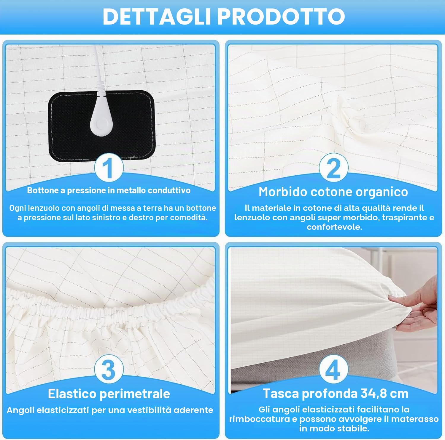 Lenzuolo di messa a terra conduttivo, Grounding Bed Sheet, Tappetino da terra secondo la norma UE, con 5% fibra d'argento e 95% cotone biologico, per Sonno Migliore Recupero Energetico (180x200cm)