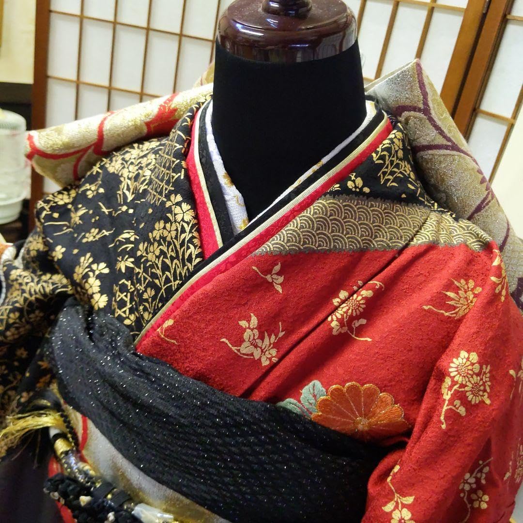 404白黒赤グラデーション　レトロモダン正絹振袖9点フルセット成人式卒業長襦袢付 404白黒赤グラデーション レトロモダン正絹振袖9点フルセット成人式