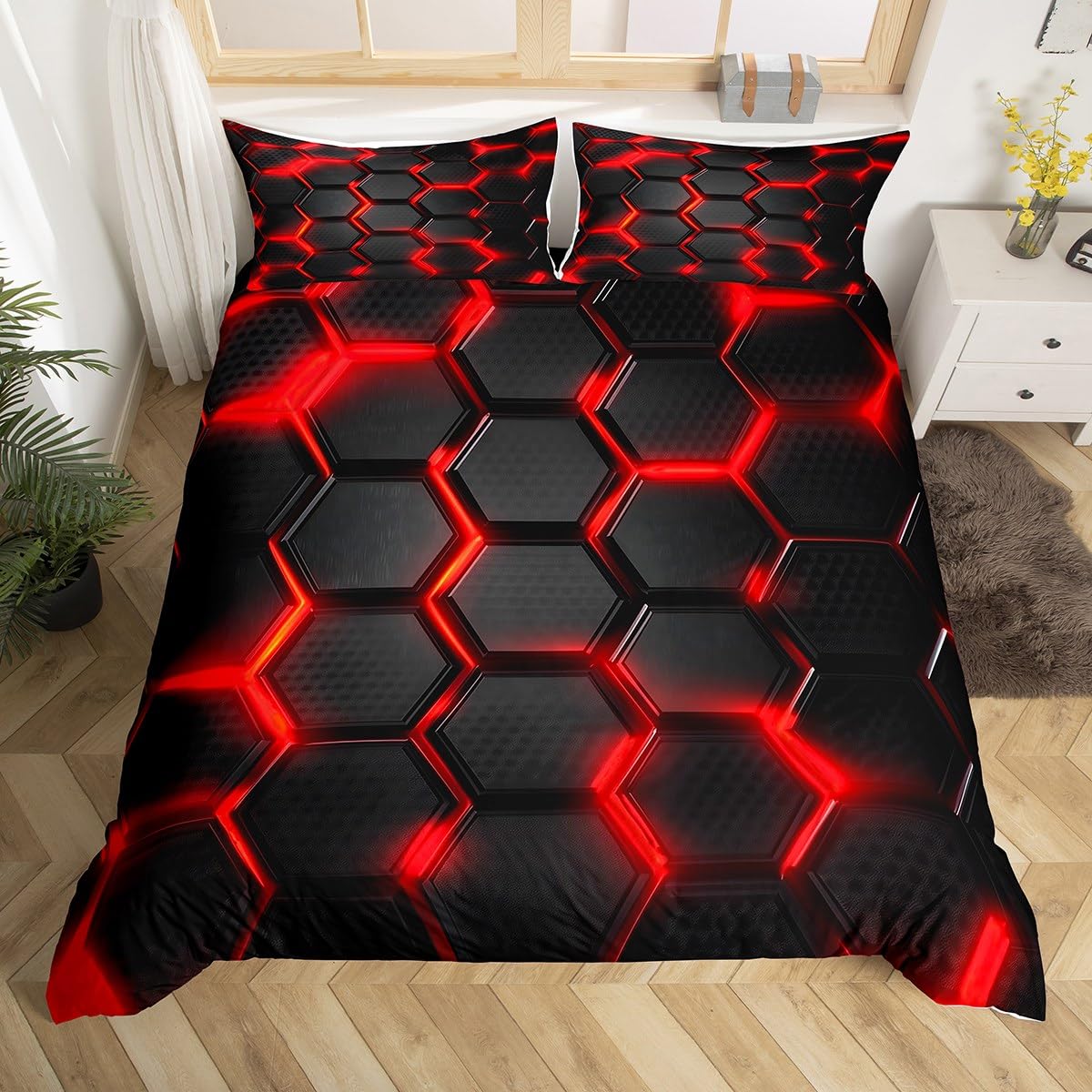 Loussiesd Light Honeycomb Duvet Cover Set Single Size For Kids Boys Teens Men Red Black Geometric Hexagonal Bedding Set Modern Art Comforter Cover with 1 Pillowcase Luxury Beds Set - Image 3