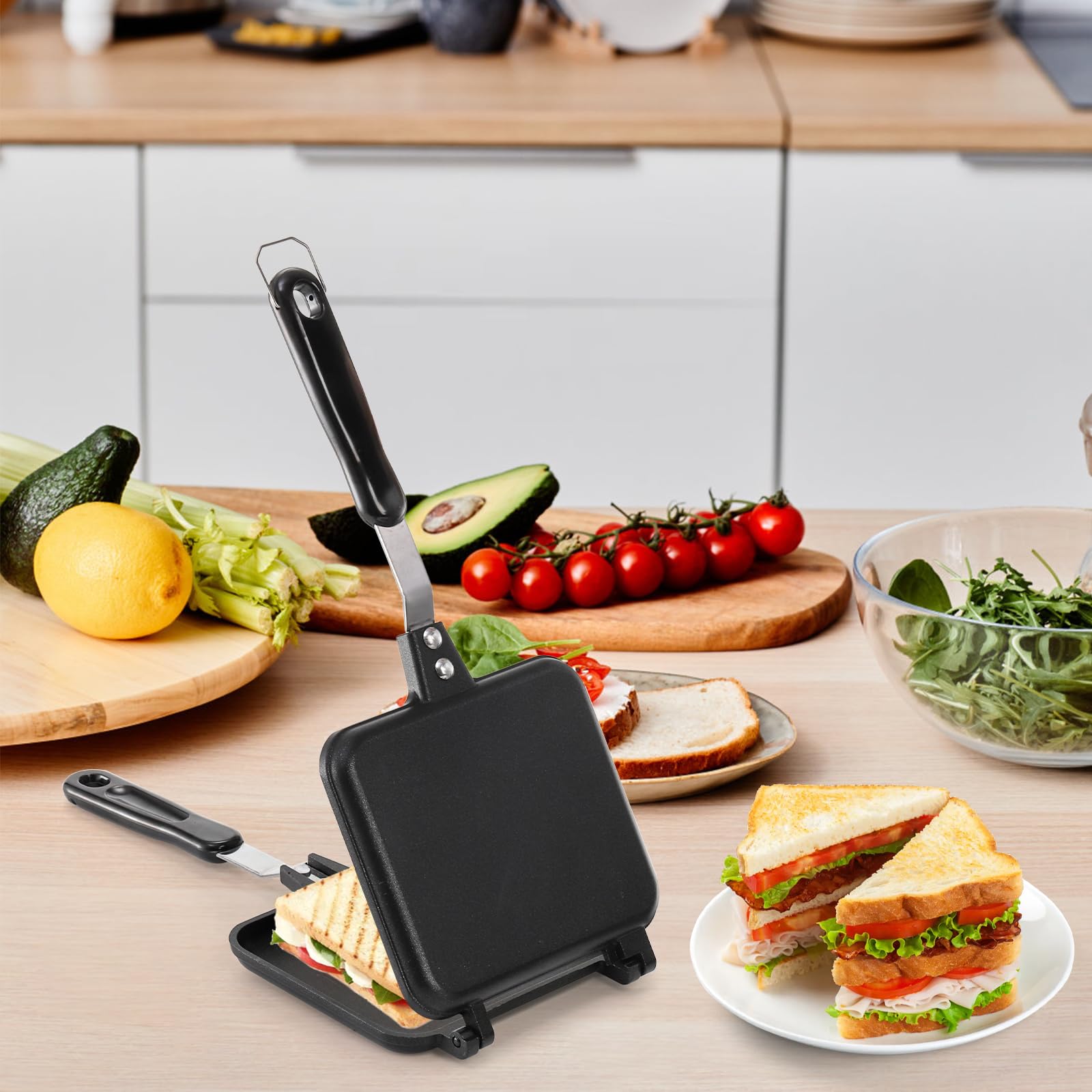 Máquina de sándwiches calientes, tostadora de sándwich a la parrilla, sartén antiadherente de doble cara para pan panini, queso, panini, desayuno, parrilla de sándwich para estufa, sartén 7