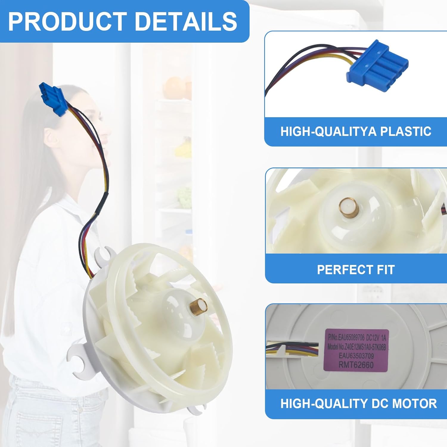EAU63503709 EAU62863005 Refrigerator Evaporator Fan Motor Assembly Compatible with LG Z40E12MS1A0-57K60B LFXS32736D LFXS32736D Fridge Freezer Cooling Fan Motor Replaces EAU65089706