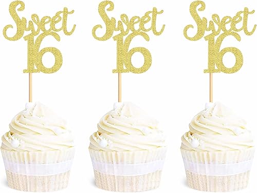 Miniatura 1 de Ercadio Paquete de 24 adornos para cupcakes con purpurina dorada de 16 años, para aniversario, 16 años, para fiestas de cumpleaños de niños,