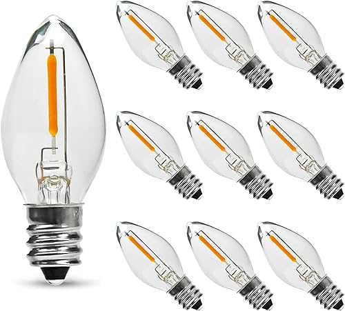 Paquete de 10 bombillas LED de noche, bombillas LED de candelabro C7, base de candelabro E12, 0.6 W equivalente a 7 W, blanco cálido 2200 K, 50 lm,