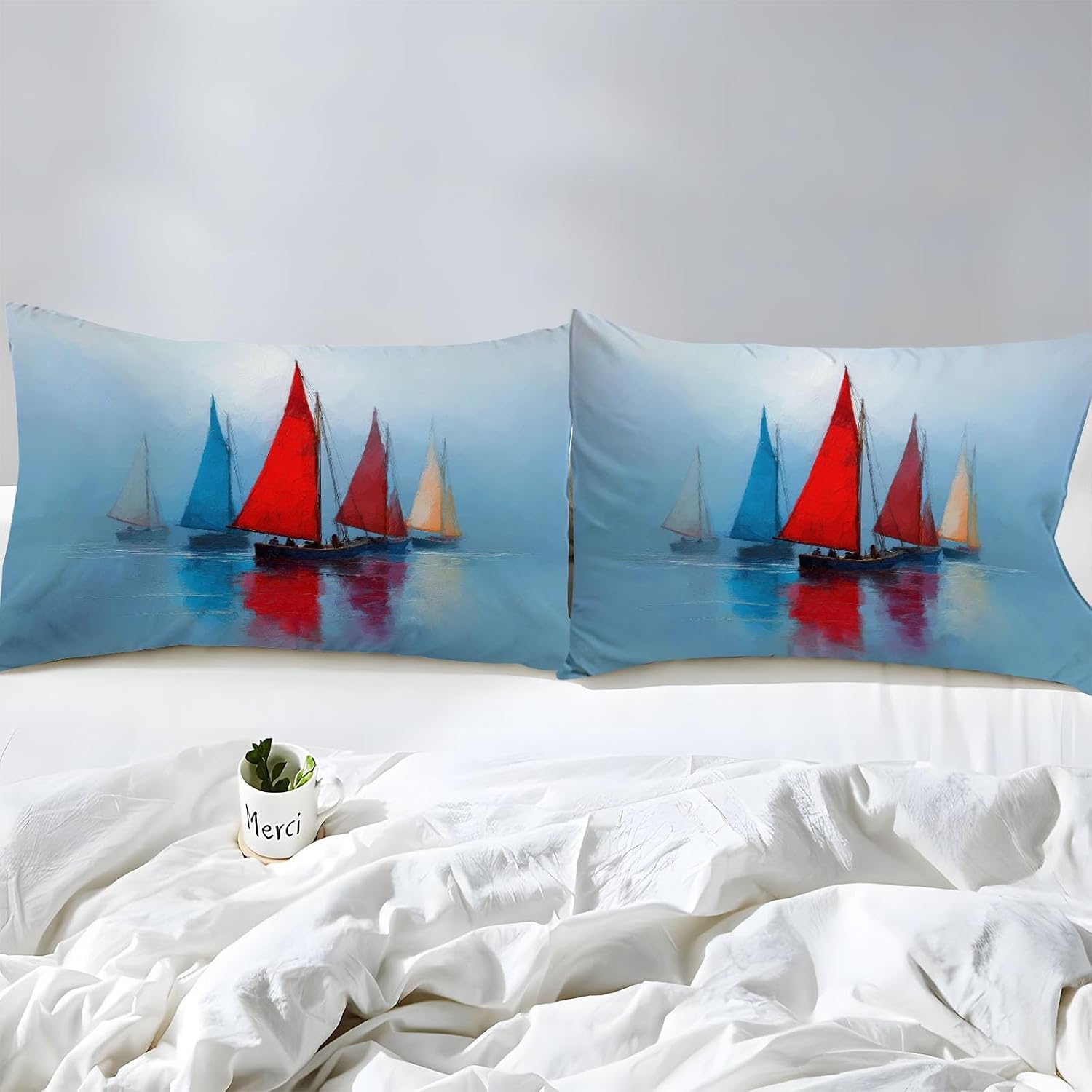 Queen Size 4 Pcs Watercolor Sailboat Bed Fitted Sheet Set with 16" Deep Pocket, Digital Painting Bed Sheet Set for Kids and Adults, Blue Bedding Set with 2 Pillowcases