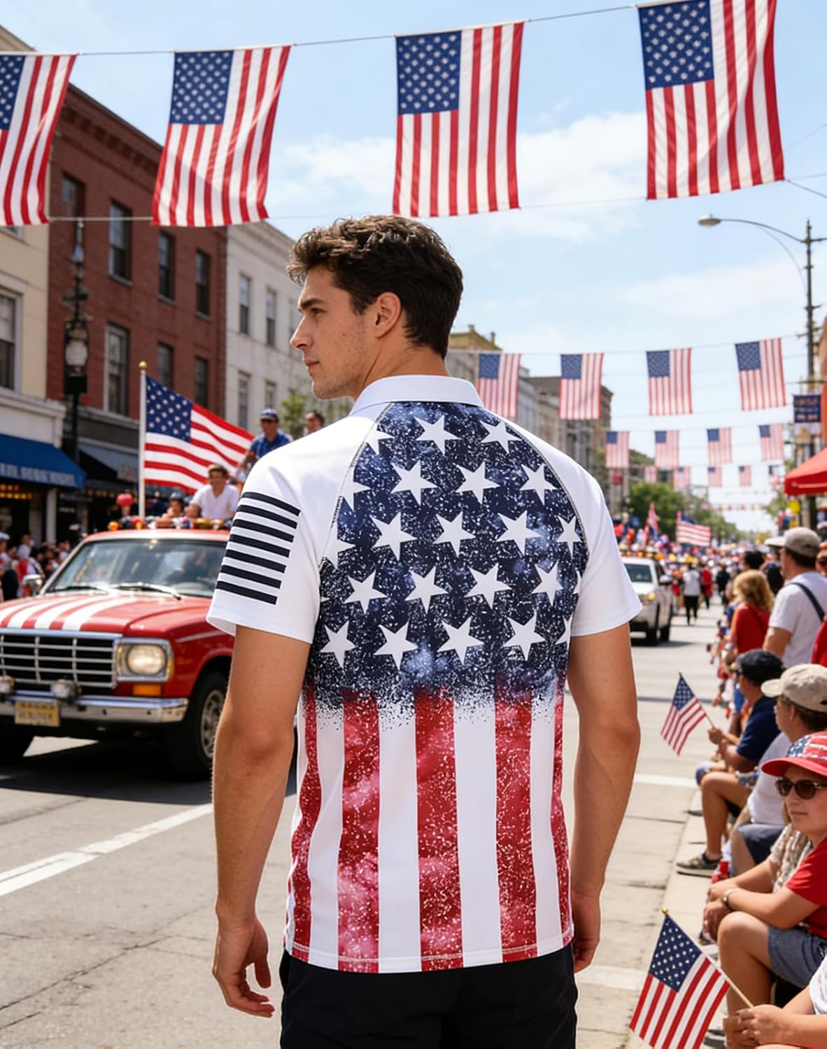RAISEVERN Mens American Flag Print Golf Polo Shirt Patriotic Raglan Sleeve Tees