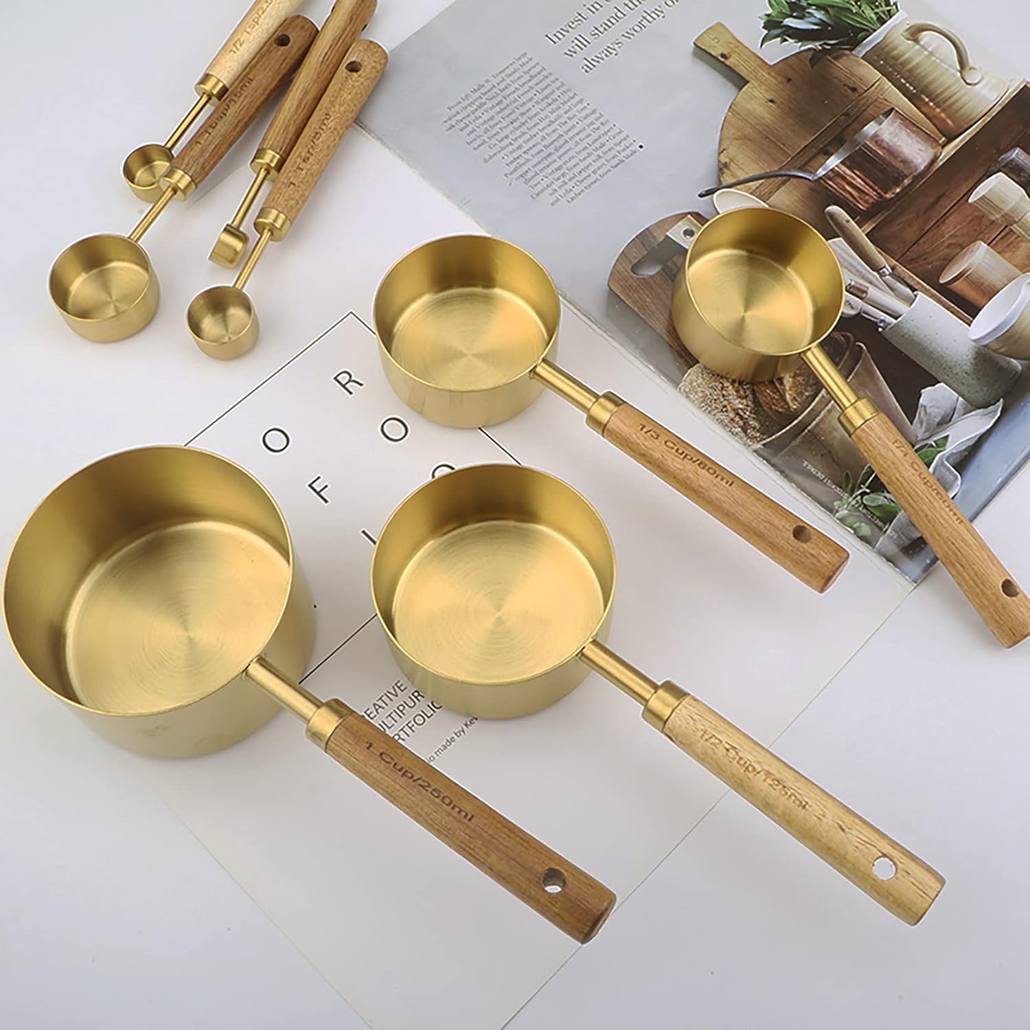 8 Piece Stainless Steel Measuring Cups and Spoons Set Plated with Titanium Gold, Measuring Tool with Walnut Wood Handle, Coffee Measuring Cups with Metric and Us Measurements for Cooking&Baking