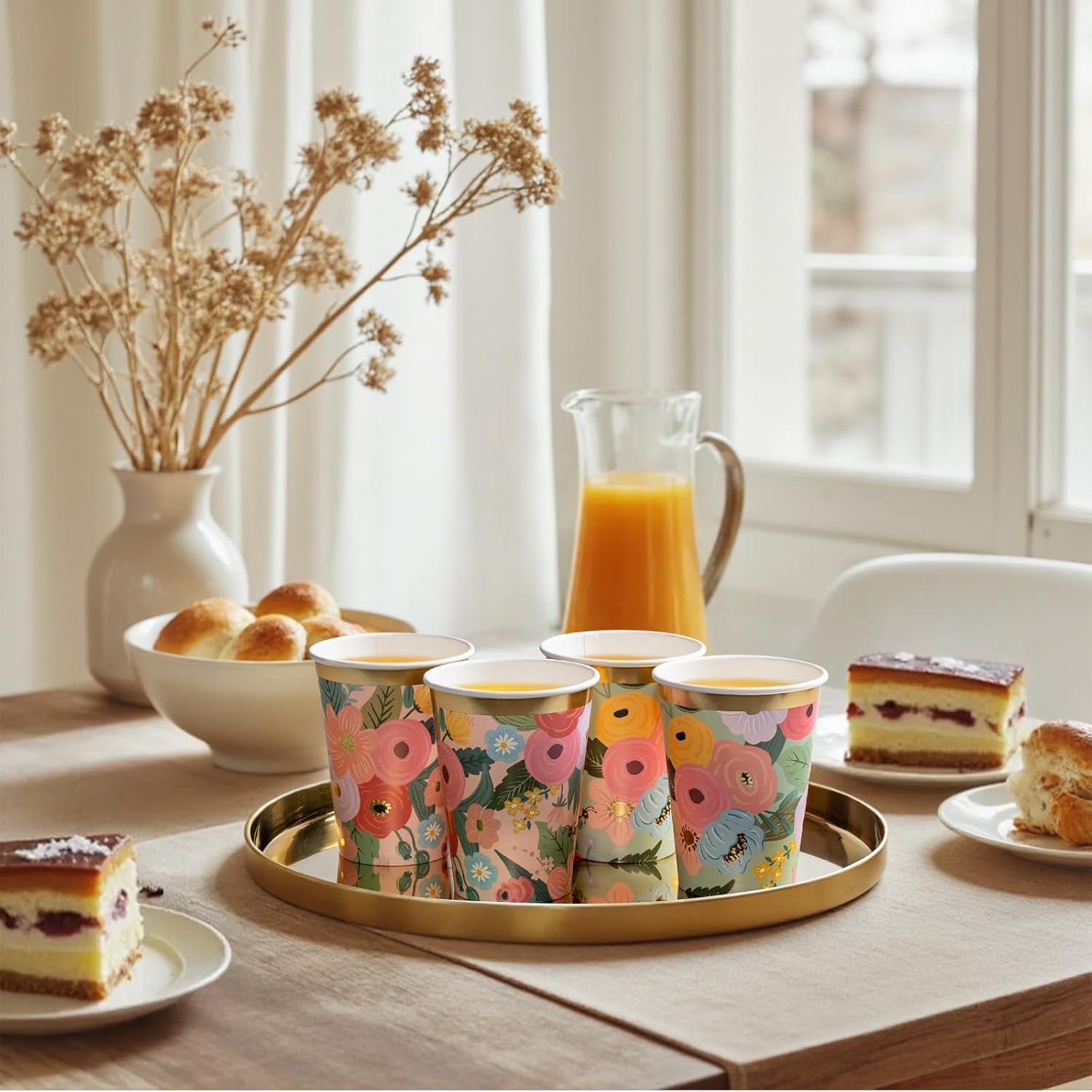 Disposable Coffee Cups, 100-Pack 12-oz Bulk Paper Cups for Hot or Cold Drinks, Powder Pastel & Spring Whimsy Floral Designs with Gold Foil, For Office, Parties, and To-Go Use (No Lids) image 2