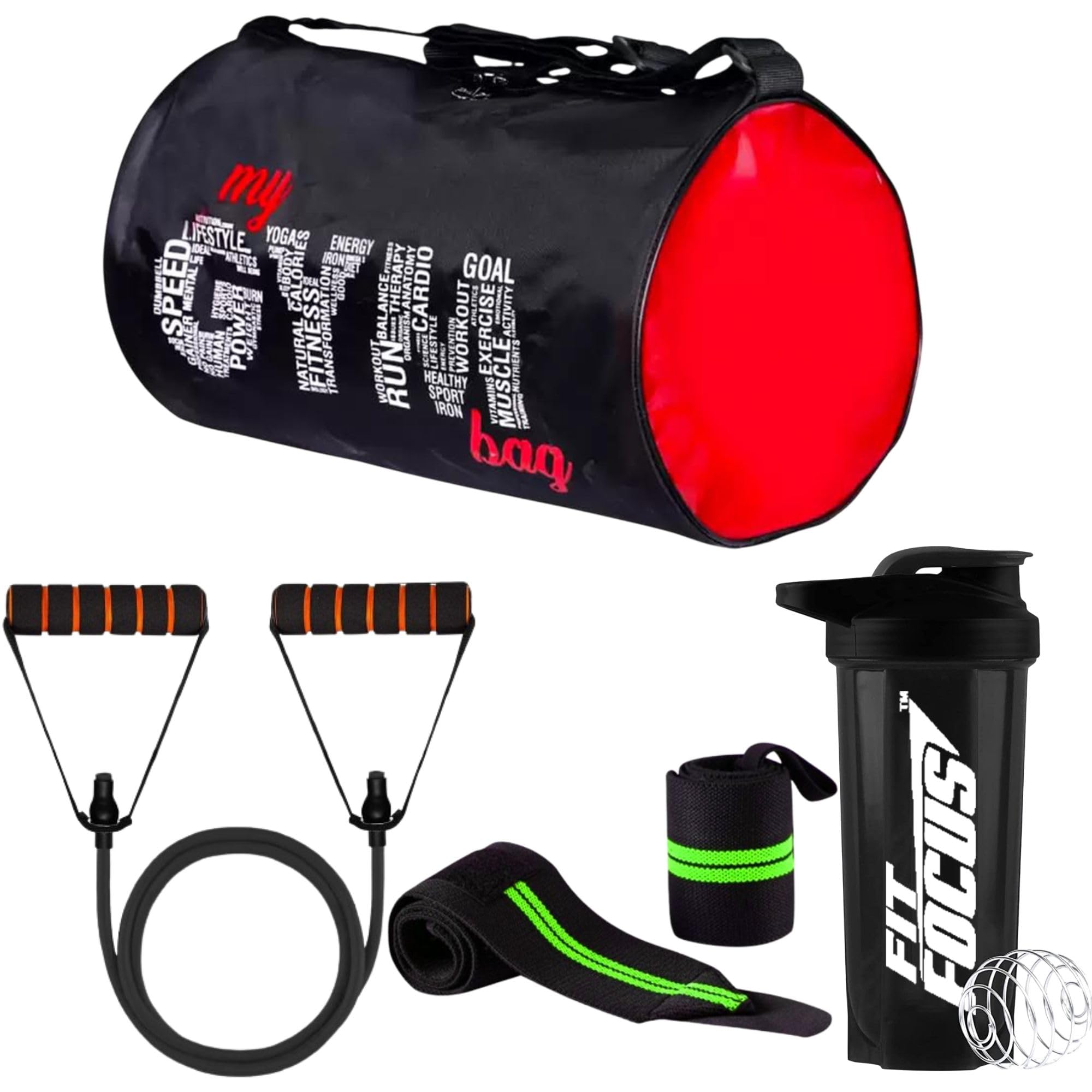 My Gym Bag (Pack of 4) Durable Bags Ultimate Combo with 700ml Shaker Bottle Double Toning Resistance Tube &Wrist Exercise Band for Stretching, Workout, Home (Green)-image-32