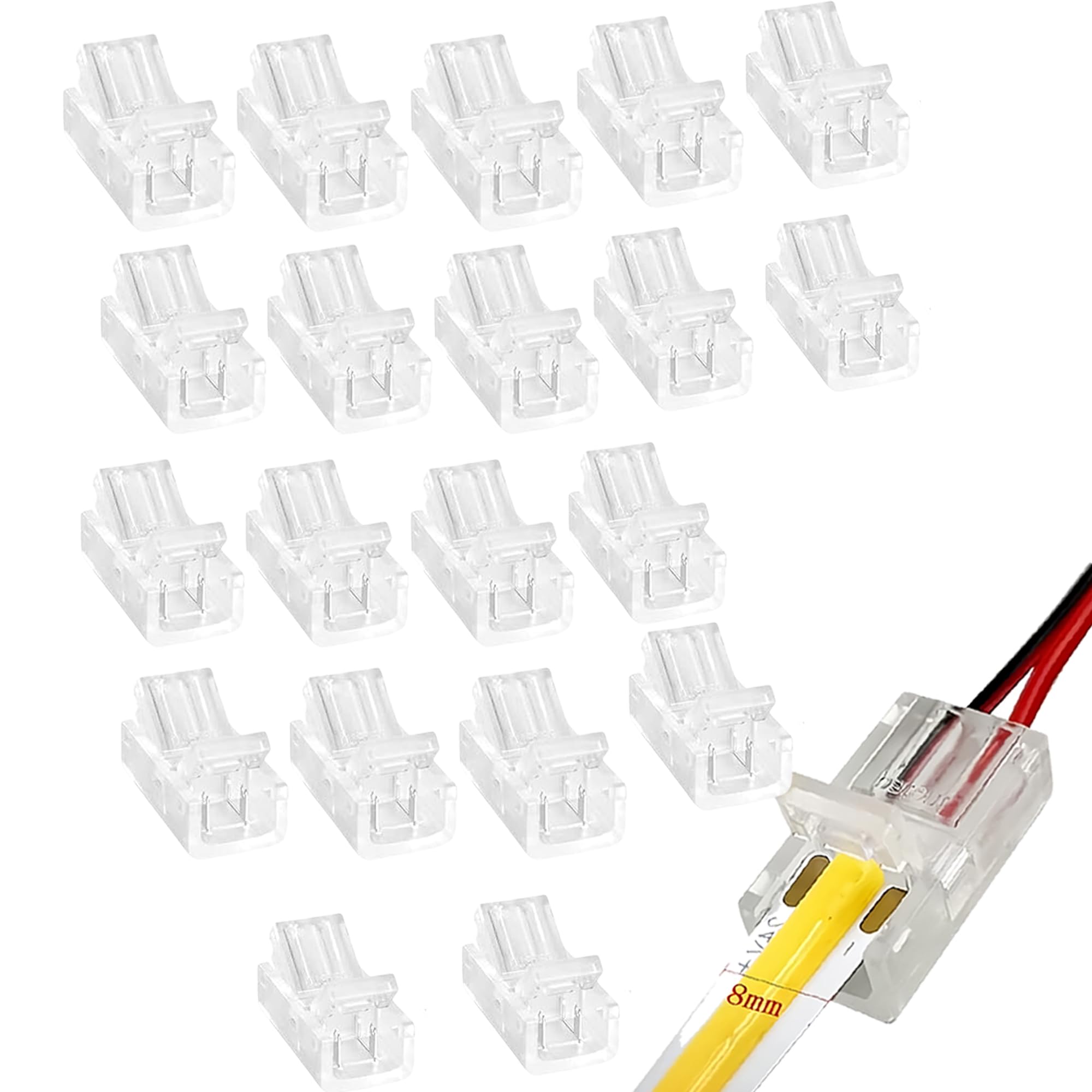 Clearhill 2Pin Transparent Solderless LED Light Strip Connectors,20Packs-8mm Wide Gapless Quick Adapter for Waterproof/Non-Waterproof Single Color LED Strips,No Soldering Required