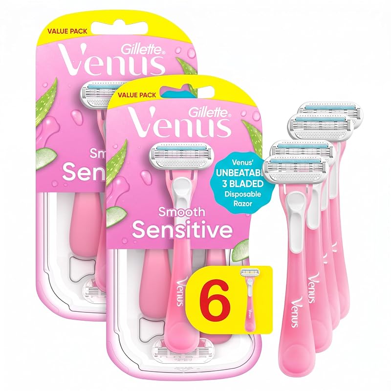 Aparelhos de barbear descartáveis Gillette Venus Sensitive com 3 lâminas, Pacote com 2 com 6 unidades