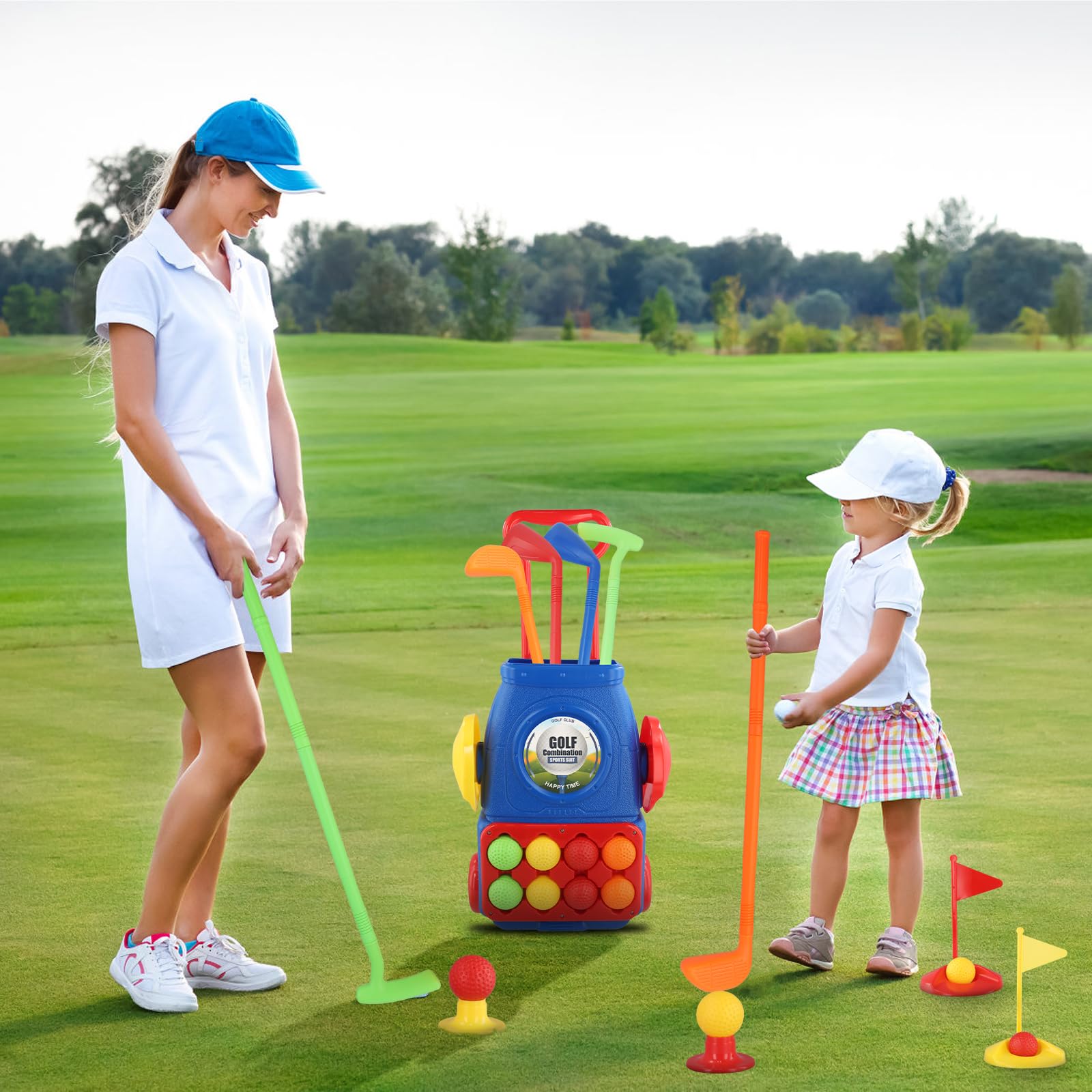 Ensemble de Jouets de Golf, Coffret de Golf, 4 bâtons de Golf, Chariot, 8 Balles, Tapis de Putt, Jouets de Sport d'extérieur et d'intérieur, Jeu de Jardin, Jouets Cadeaux pour Enfants