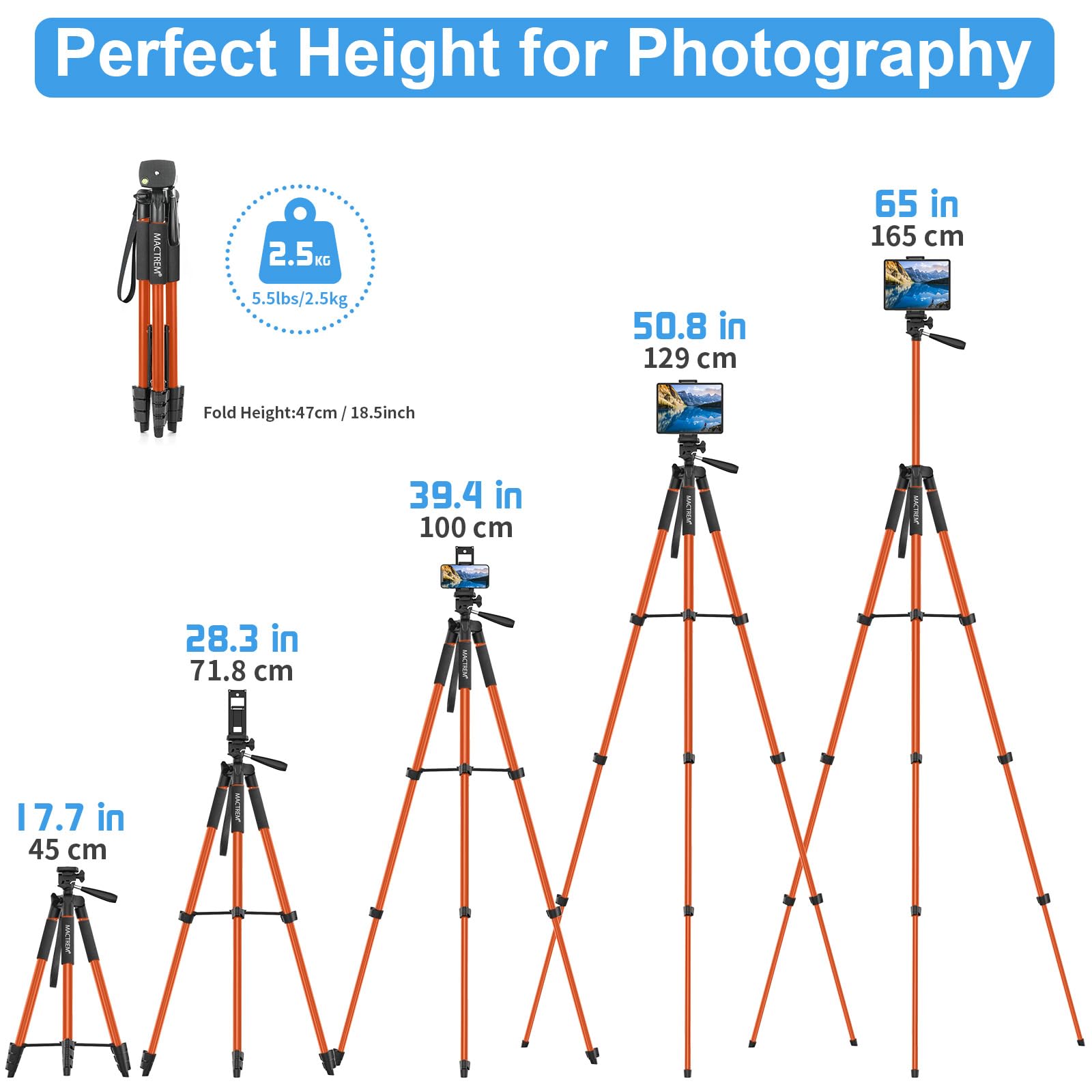 Treppiede Smarthphone, Nuovo 165cm/65in Treppiedi Fotocamera Cavalletto Smartphone per iPhone/Samsung/Huawei/iPad/Reflex, Cavalletto Telefono con Supporto Telefono e Telecomando Bluetooth,Arancio