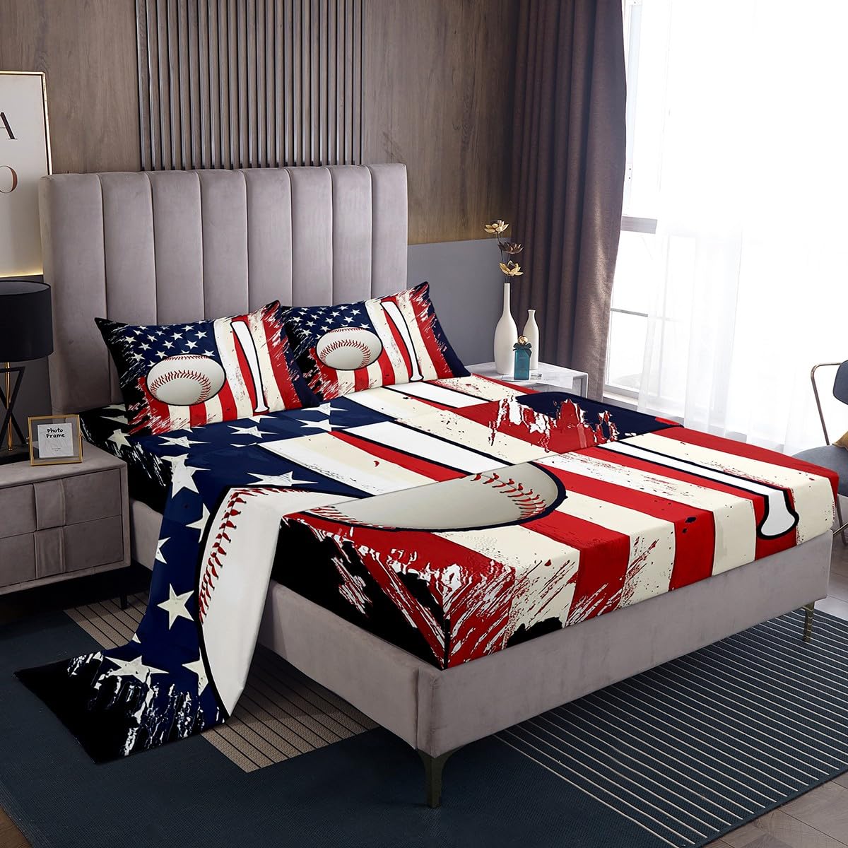 Homewish Baseball Kids Bed Sheets Twin Size,American Flag Bedding Sets 3Pcs for Boys Teens Men Bedroom Decor,Ball Sport Games Fitted Sheet Modern Black Top Flat Sheet,1 Pillowcase