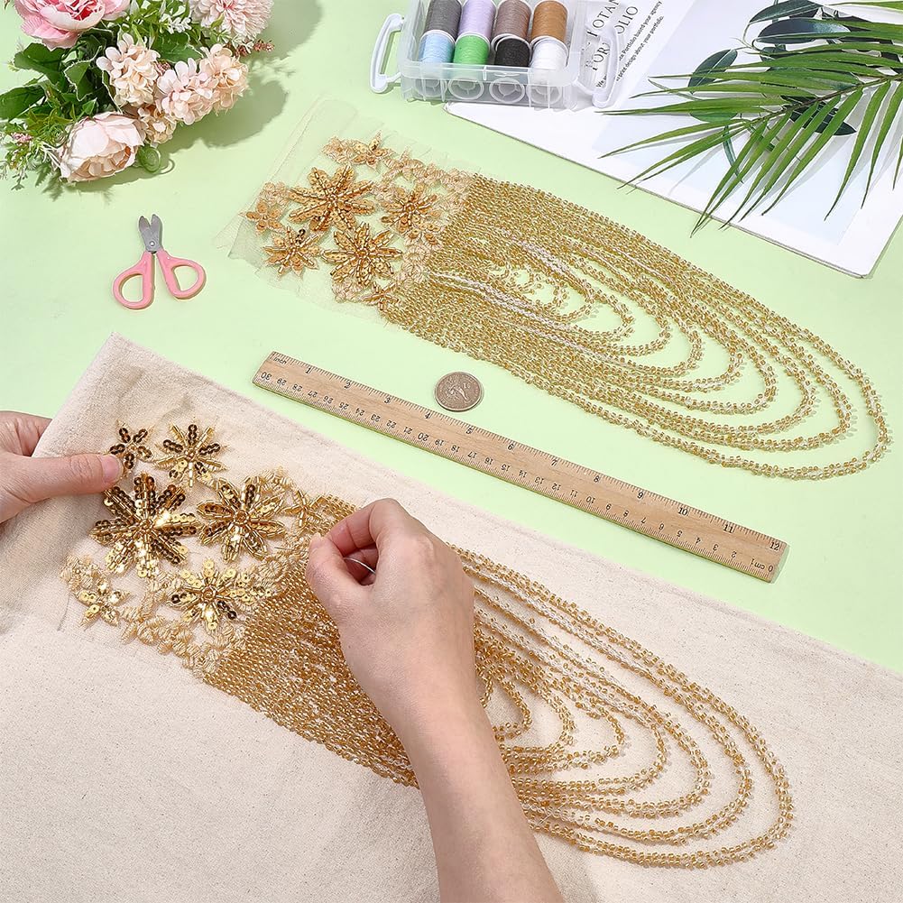 FINGERINSPIRE 1 Pair Handmade 3D Flower Rhinestone Applique 14.96~16.54inch Long Goldenrod Sewing Crystal Fringe Beads Sequins Patches Embroidery Beaded Epaulettes for Evening Gown Wedding Dress Decor