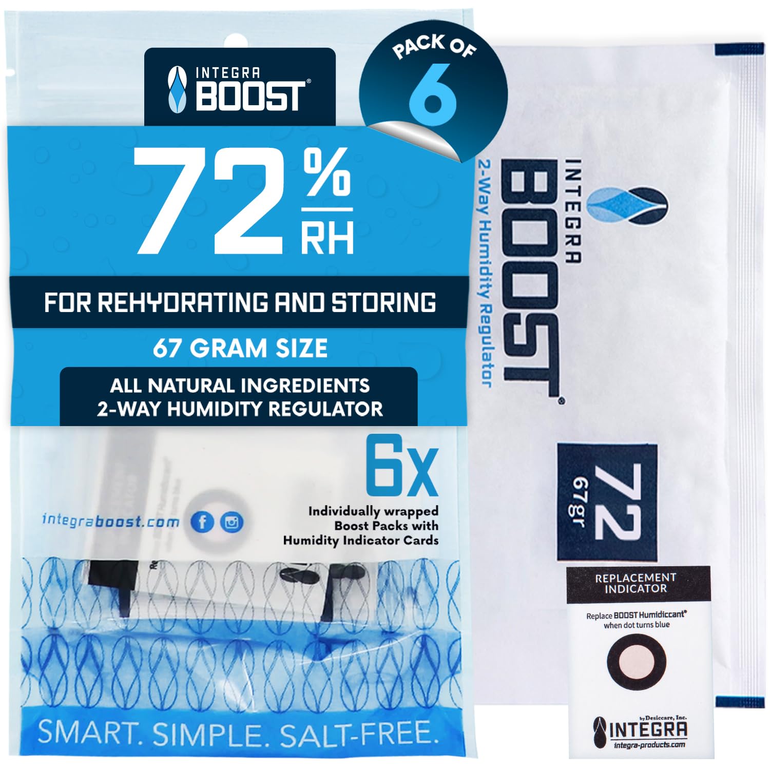 Integra Boost - 72% RH Level - 67 Gram Size - Two-Way Humidity Control Pack - Incl. Replacement Indicator Cards - Food Storage &amp; Herbs Moisture Balancer For Up to 1 LB (Pack of 6)