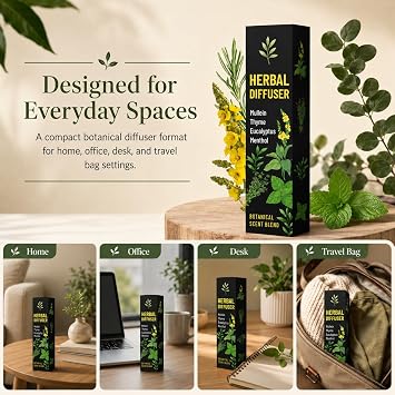 Herbal Diffuser Pen, Plant-Based Mullein, Thyme, Eucalyptus & Mint Botanical Scent, Non-Electronic Aroma Accessory for Home, Office, Desk & Travel Bag