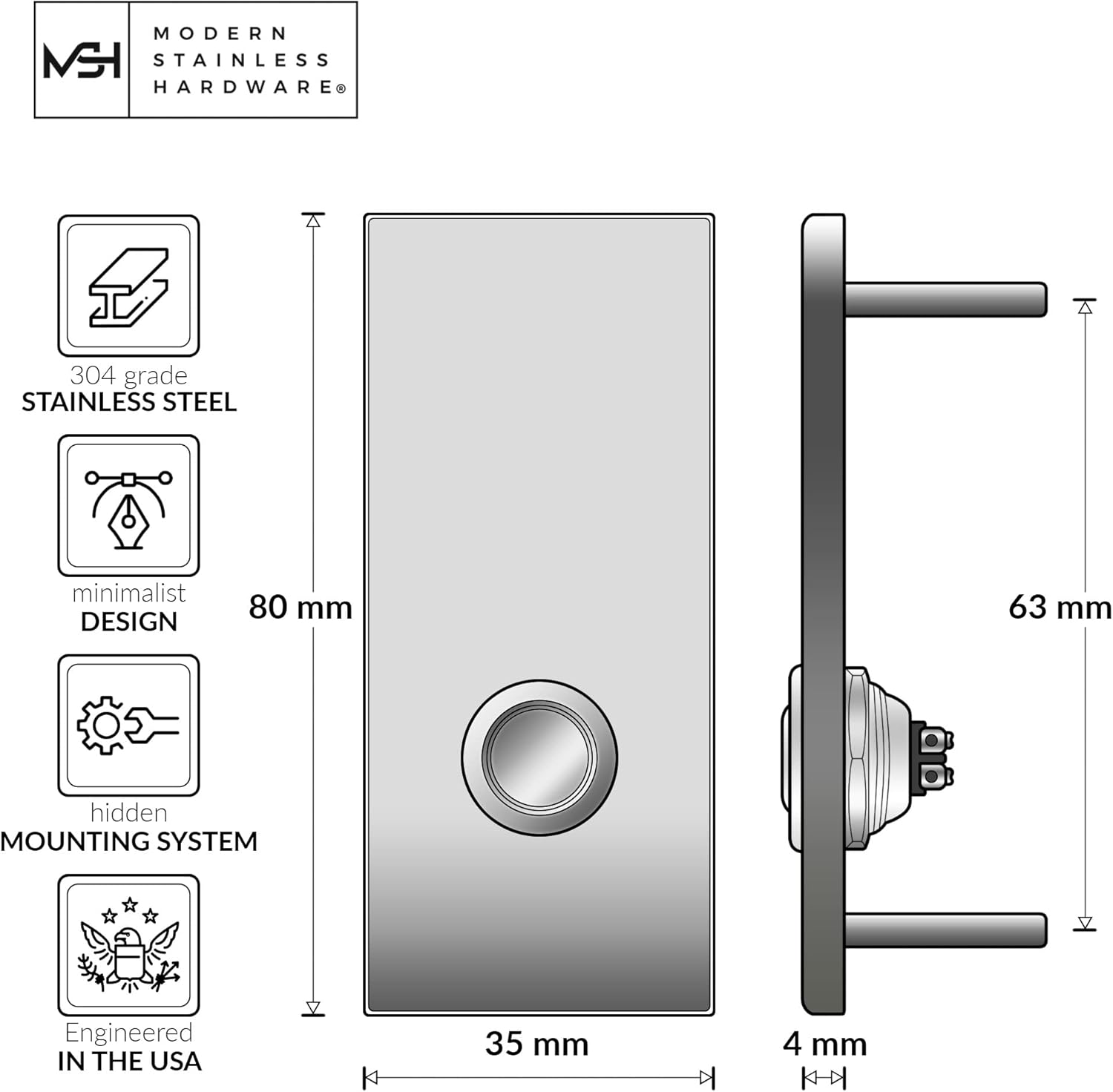 Model R2 Doorbells, R-Series Stainless Steel Designer Doorbells 1.37” x 3.14” x 5/32”