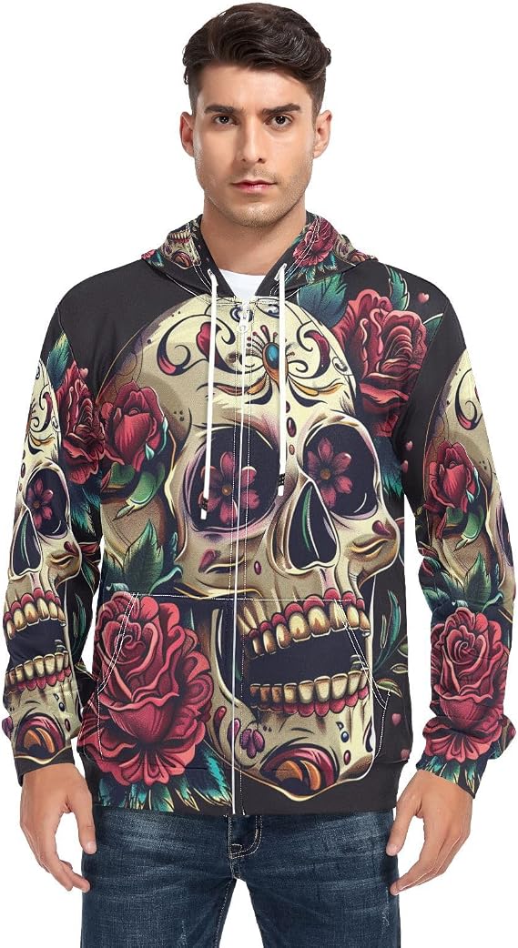 Sugar Skull and Roses Men's Full-Zip Fleece Hoodie