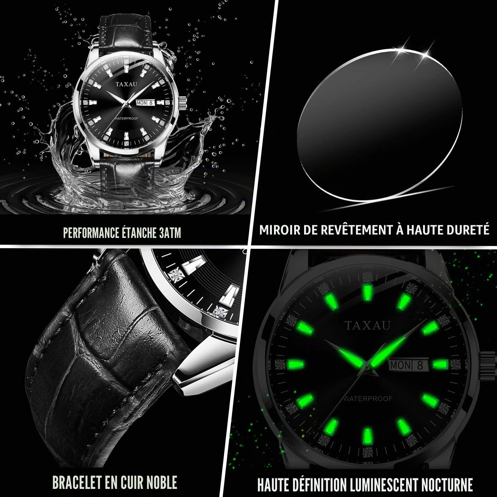 Taxau Montre classique en cuir pour homme - Analogique - Grand cadran - Montre de luxe étanche - Date de jour - Reloj para hombre