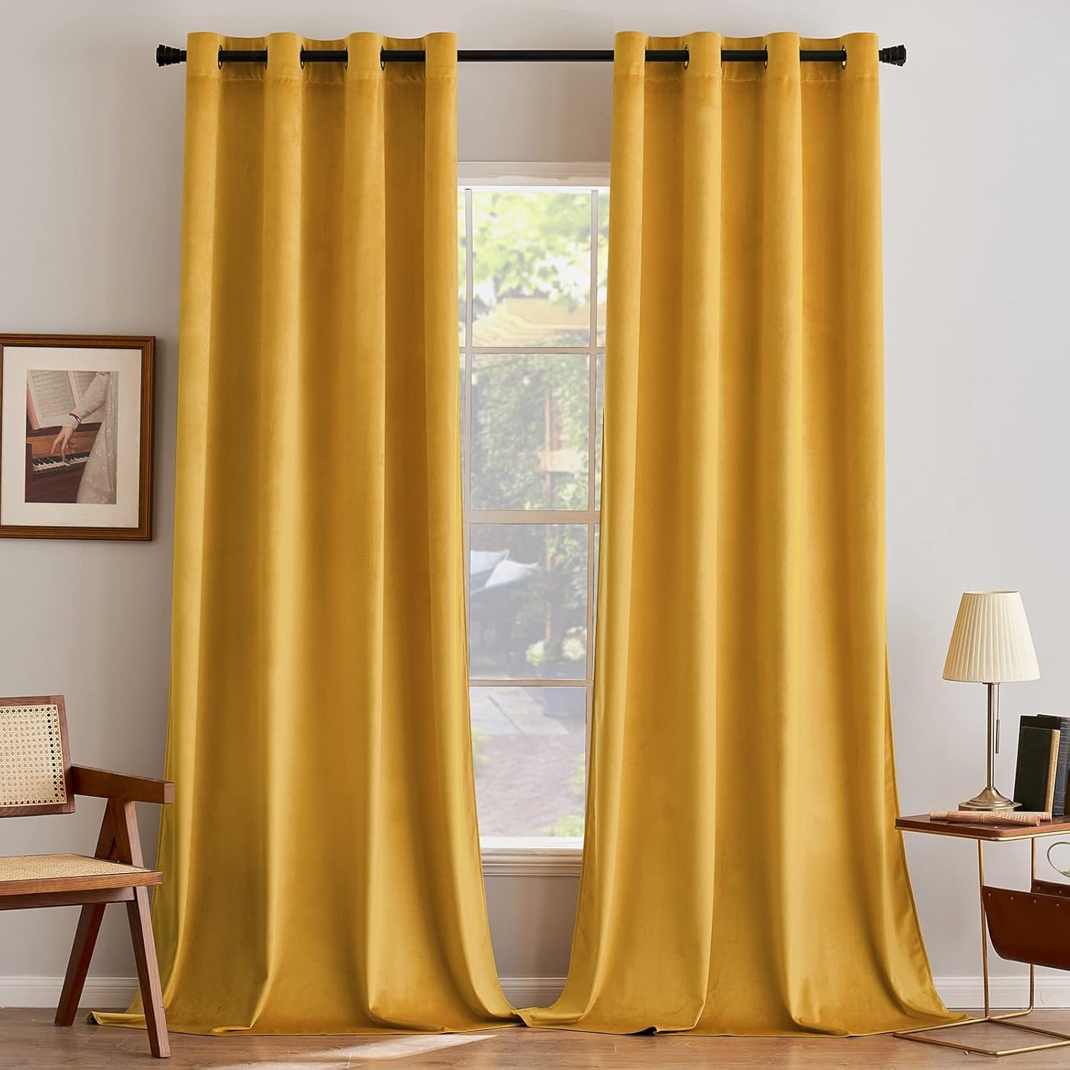 MIULEE Cortinas Salon Terciopelo Amarillo Mostaza con Ojales, 2 Piezas Cortinas Terciopelo Invierno 140x245 CM, Cortinas Termica Terciopelo para Dormitorio, Suave Cortina Habitacion Terciopelo