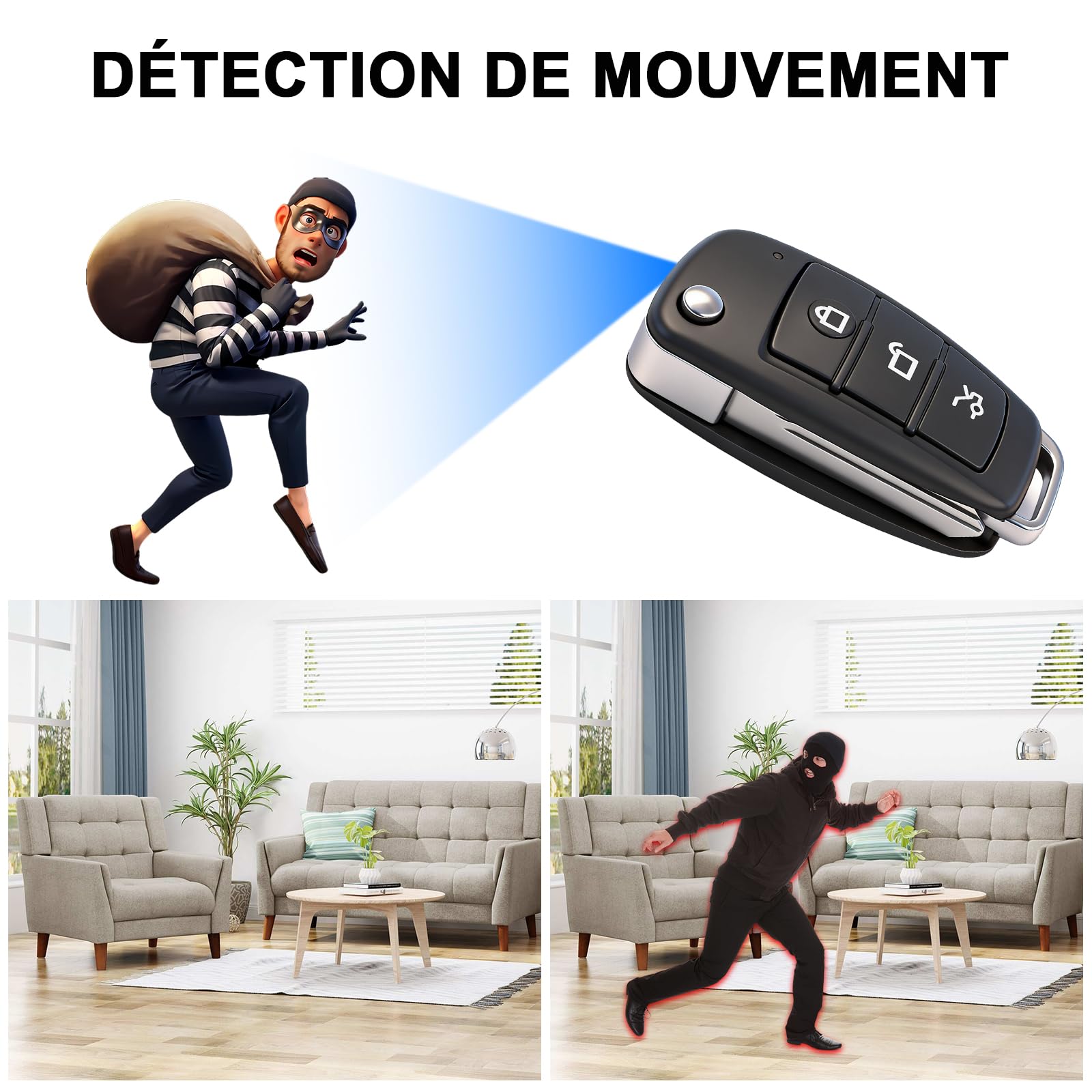 Caméra Cachée, Mini Caméra Espion HD 1080p, Caméra Clé de Voiture, Micro-Caméra Vidéo avec Vision Nocturne et Enregistrement en Boucle