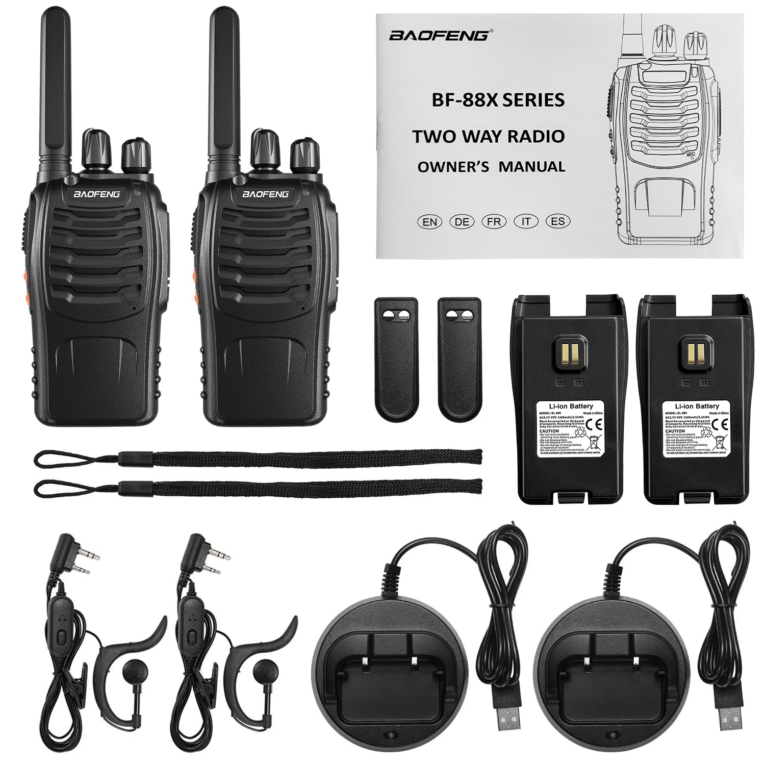 Talkie Walkie Professionnel BF-88X, Radio Bidirectionnelle 16 Canaux Longue Portée avec Chargeur USB, Noir (1 Paire)