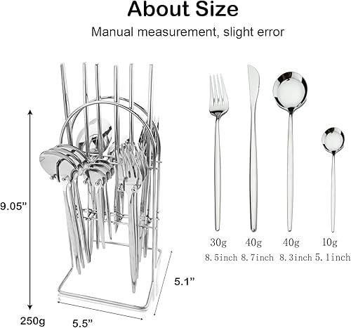 Miniatura 7 de JASHII El juego de cubiertos colgantes verde menta y dorado incluye cuchillo, tenedor, cuchara y soporte, 24 utensilios de acero inoxidable para 6,