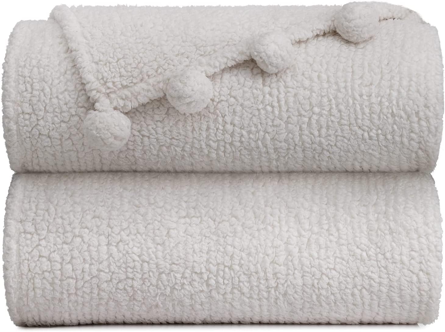 Sherpa Throw 50”x60” Blanket for Couch - 60x80, Ivory White with Pom Poms - Fuzzy, Fluffy, Plush, Soft, Cozy, Warm - Perfect Throw 50”x60”s for Bed, Sofa, Couches